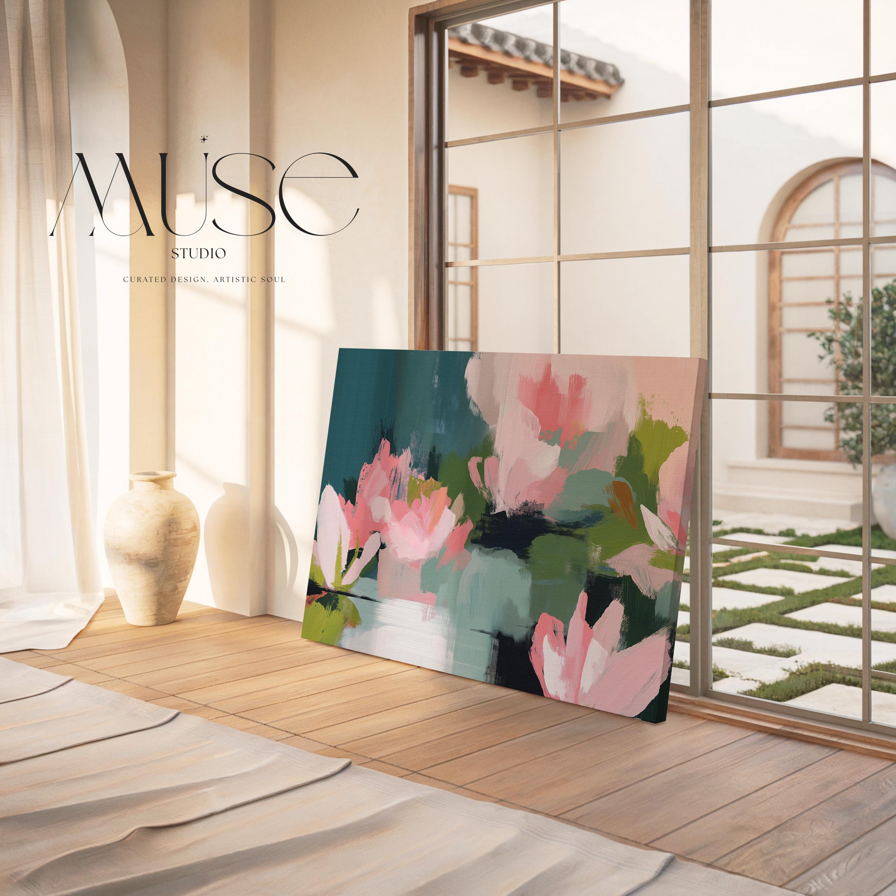 Muse Studio large horizontal floral abstract wall art in spring green, blush pink, and deep teal on museum-grade gallery-wrapped artist canvas, styled above a bed in a Romantic Botanical bedroom with Organic Transitional influence.