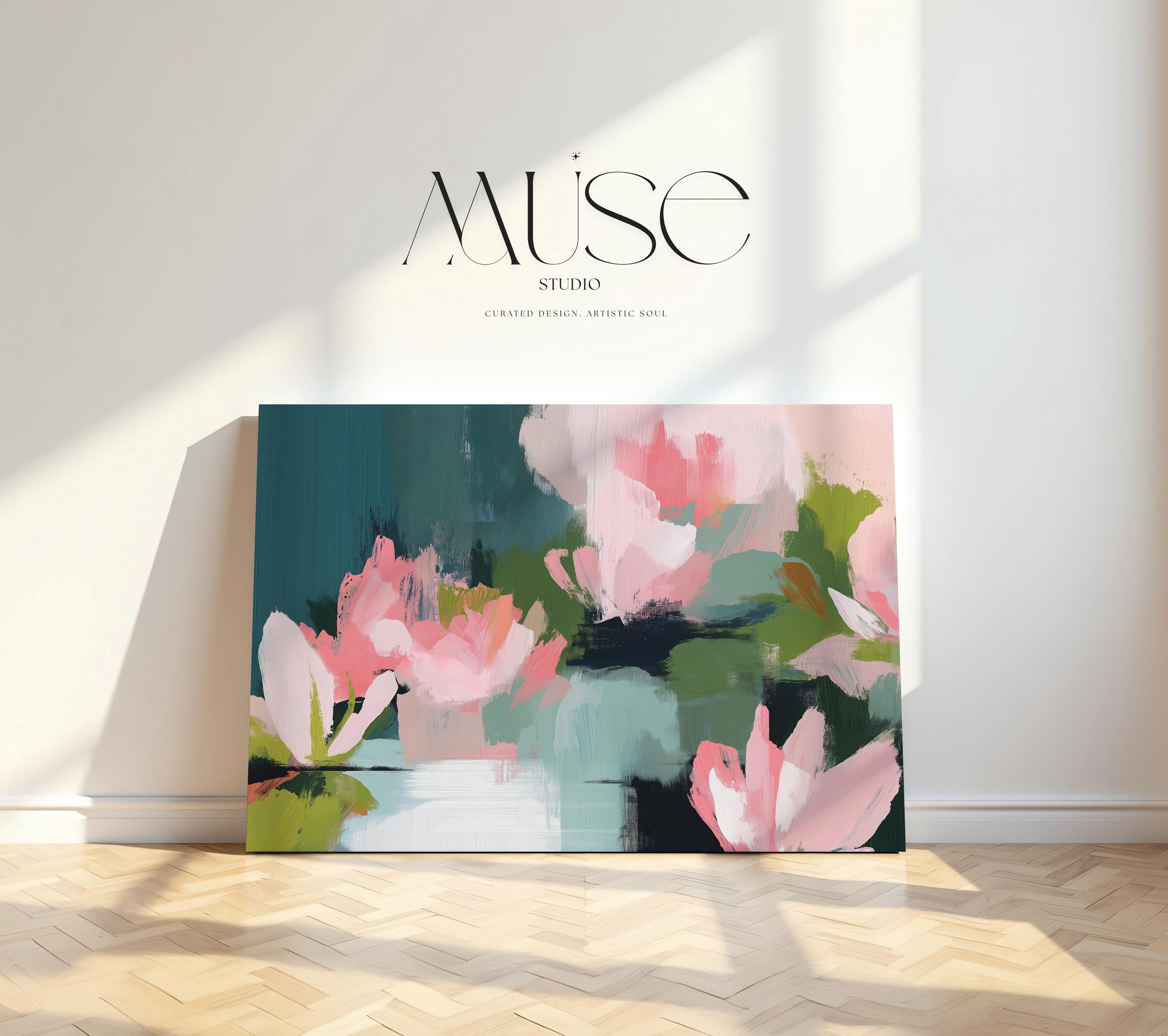 Muse Studio large horizontal floral abstract wall art in spring green, blush pink, and deep teal on museum-grade gallery-wrapped artist canvas, styled above a bed in a Romantic Botanical bedroom with Organic Transitional influence.