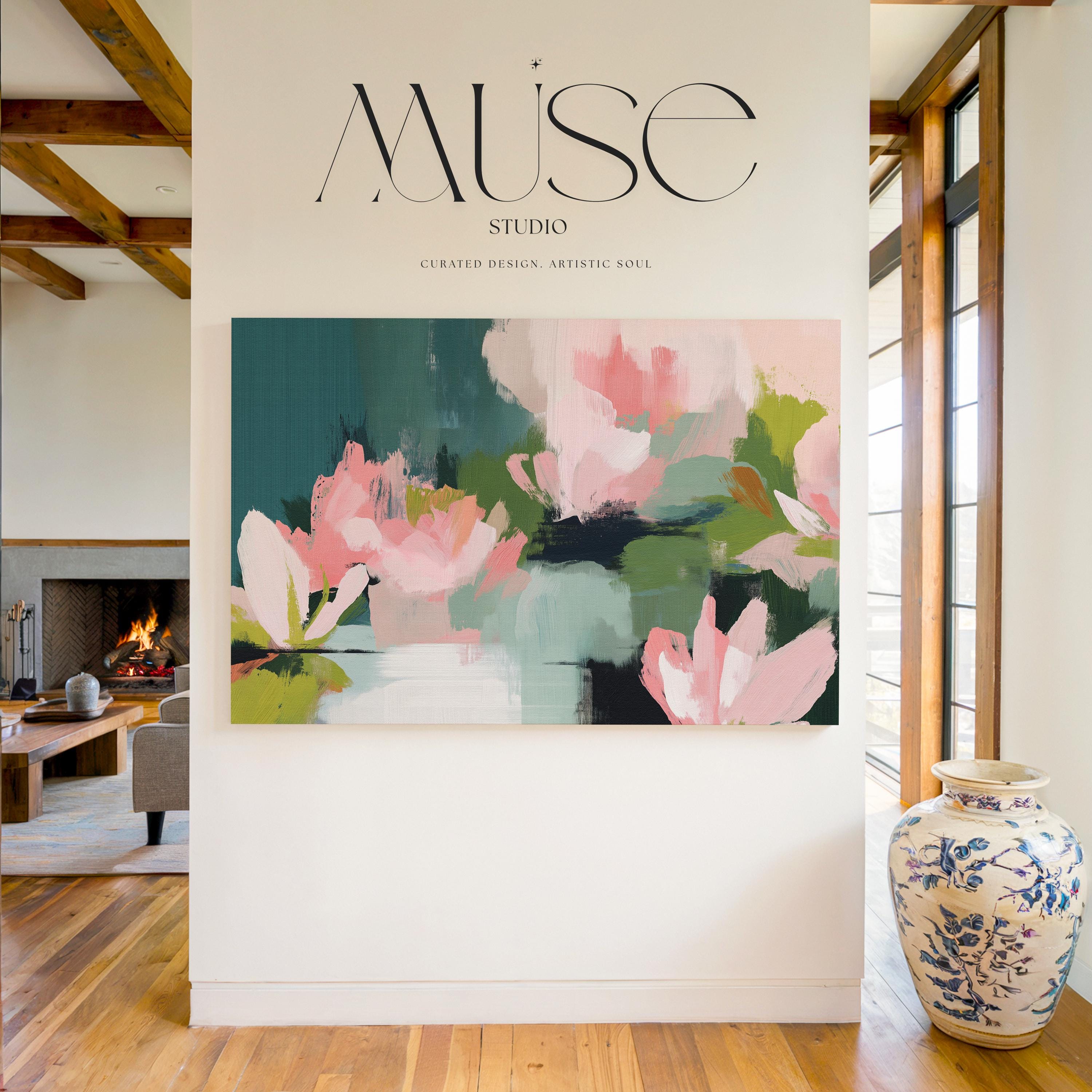 Muse Studio large horizontal floral abstract wall art in spring green, blush pink, and deep teal on museum-grade gallery-wrapped artist canvas, styled above a bed in a Romantic Botanical bedroom with Organic Transitional influence.