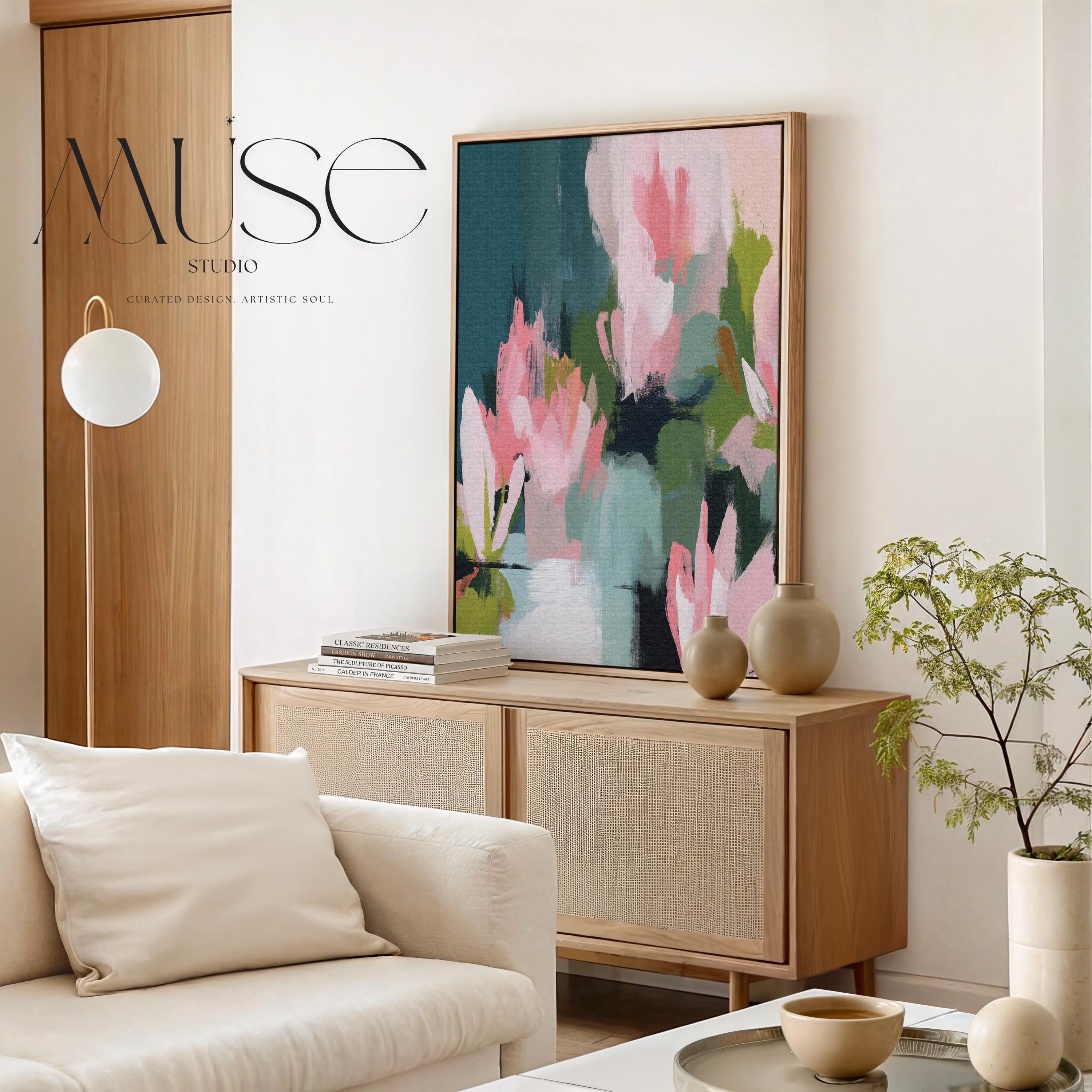 Muse Studio large vertical floral abstract wall art in blush pink, deep teal, sage, and moss tones, created on premium gallery-wrapped artist canvas with museum-grade giclée inks, framed in 100% wood float frame, styled for Modern Cottage living rooms or serene bedrooms.