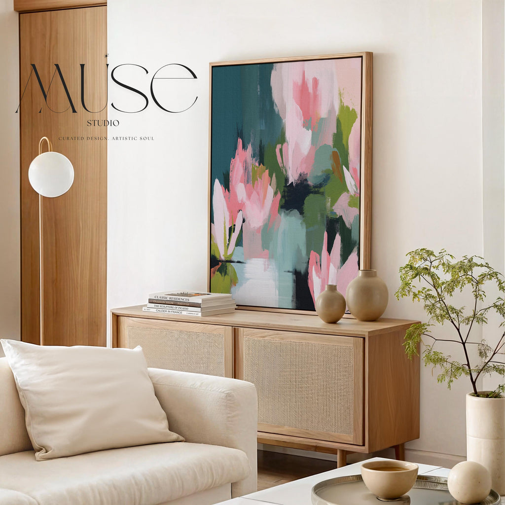 Muse Studio large vertical floral abstract wall art in blush pink, deep teal, sage, and moss tones, created on premium gallery-wrapped artist canvas with museum-grade giclée inks, framed in 100% wood float frame, styled for Modern Cottage living rooms or serene bedrooms.