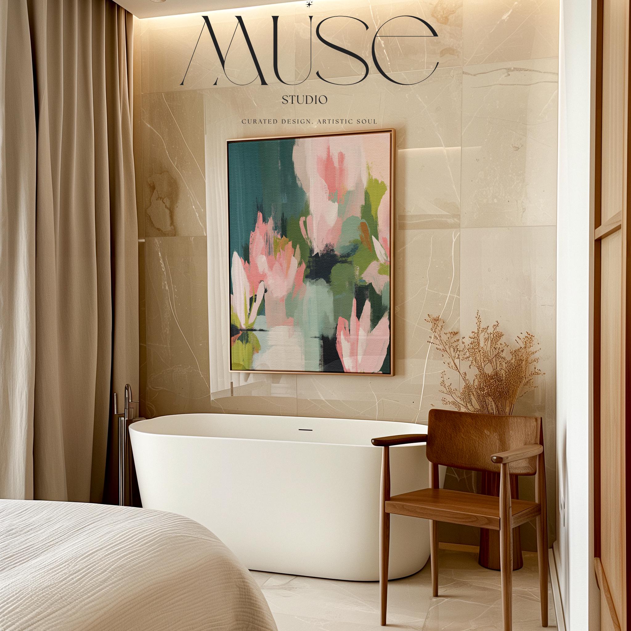 Muse Studio large vertical floral abstract wall art in blush pink, deep teal, sage, and moss tones, created on premium gallery-wrapped artist canvas with museum-grade giclée inks, framed in 100% wood float frame, styled for Modern Cottage living rooms or serene bedrooms.