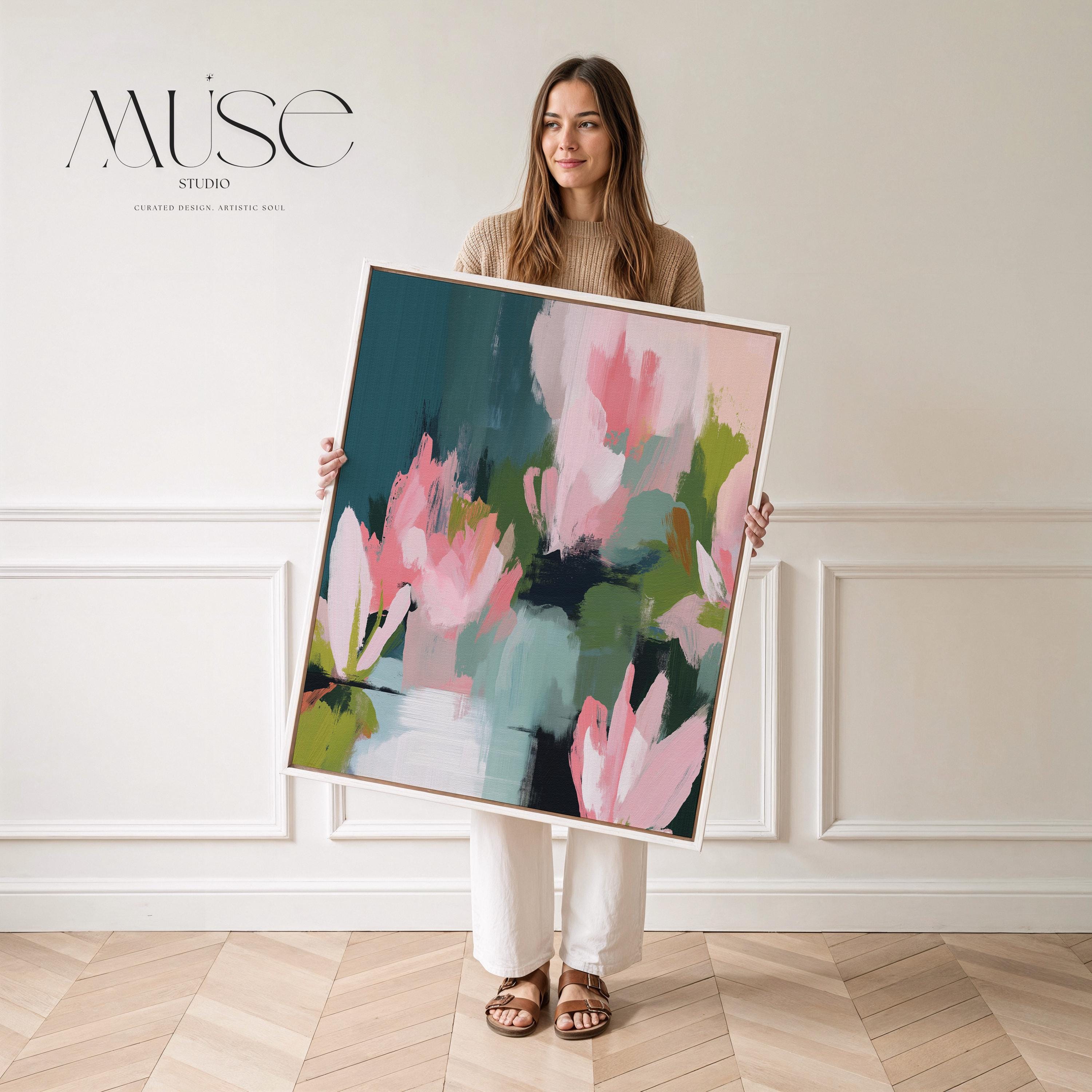 Muse Studio large vertical floral abstract wall art in blush pink, deep teal, sage, and moss tones, created on premium gallery-wrapped artist canvas with museum-grade giclée inks, framed in 100% wood float frame, styled for Modern Cottage living rooms or serene bedrooms.