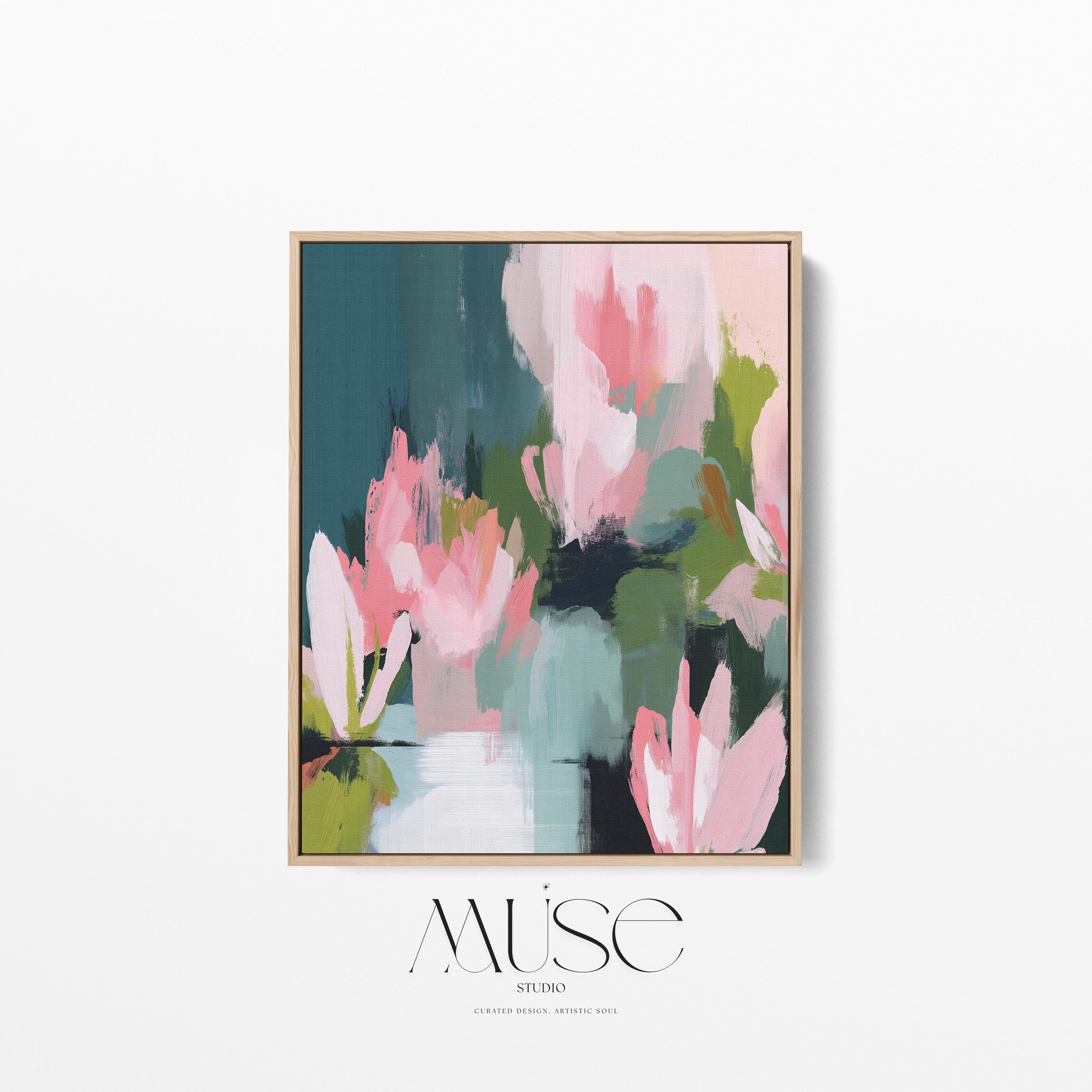 Muse Studio large vertical floral abstract wall art in blush pink, deep teal, sage, and moss tones, created on premium gallery-wrapped artist canvas with museum-grade giclée inks, framed in 100% wood float frame, styled for Modern Cottage living rooms or serene bedrooms.