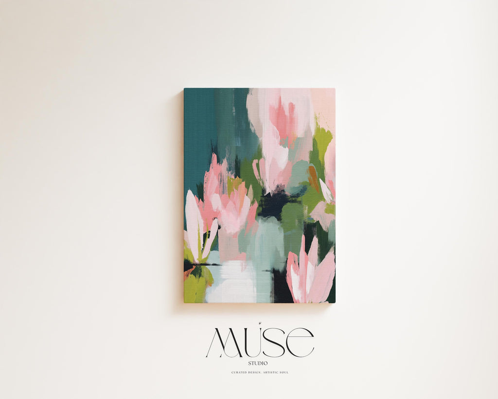 Muse Studio large vertical floral abstract wall art on premium gallery-wrapped artist canvas using museum-grade giclée inks, styled for an Organic Transitional living room or bedroom with soft botanical tones.