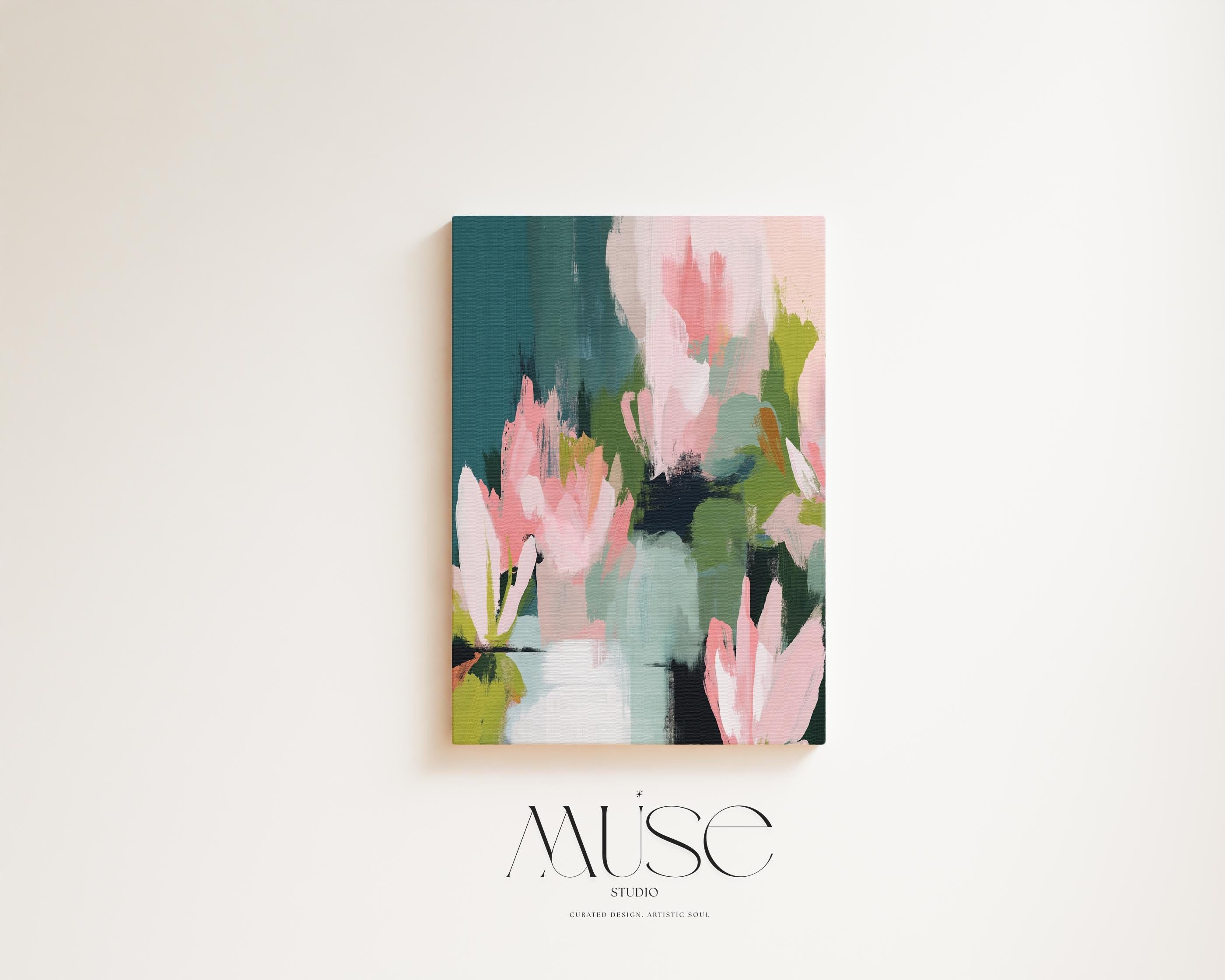 Muse Studio large vertical floral abstract wall art on premium gallery-wrapped artist canvas using museum-grade giclée inks, styled for an Organic Transitional living room or bedroom with soft botanical tones.