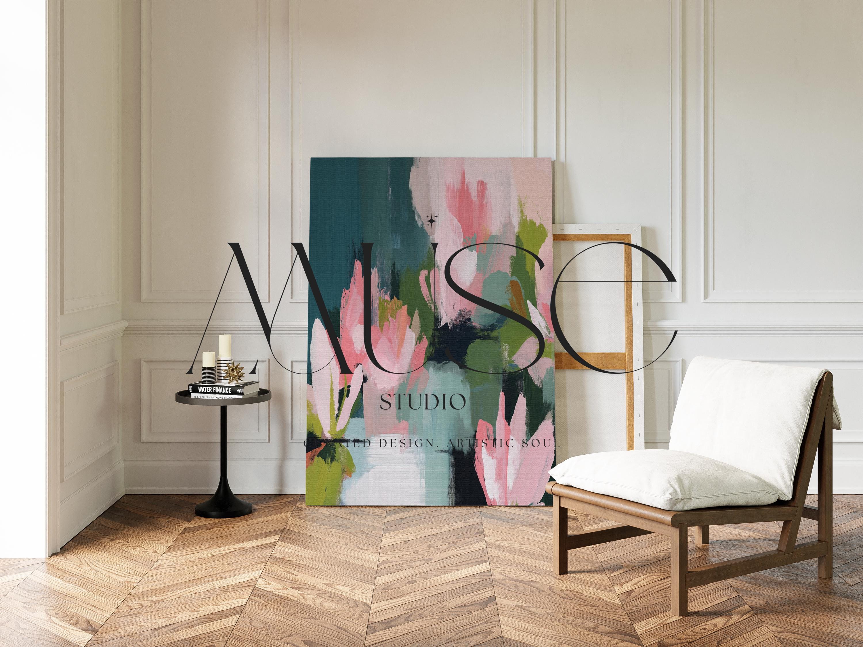 Muse Studio large vertical floral abstract wall art on premium gallery-wrapped artist canvas using museum-grade giclée inks, styled for an Organic Transitional living room or bedroom with soft botanical tones.