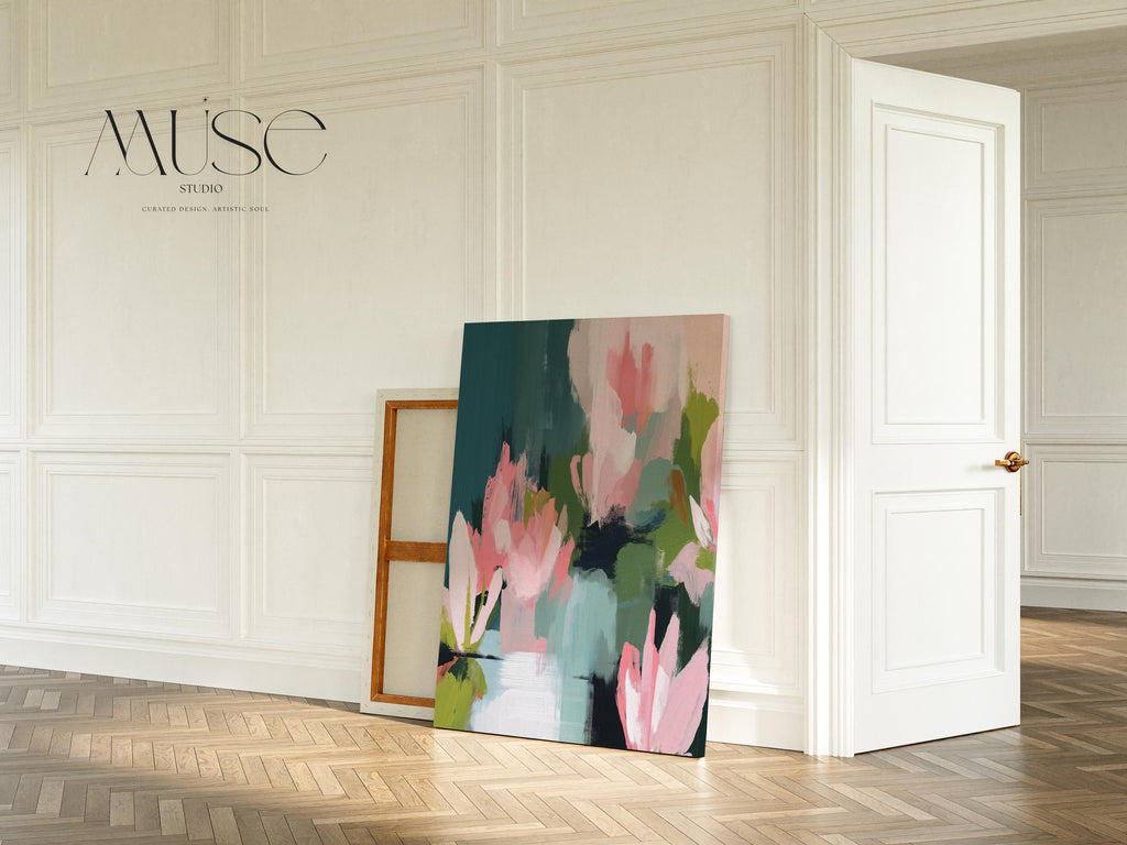 Muse Studio large vertical floral abstract wall art on premium gallery-wrapped artist canvas using museum-grade giclée inks, styled for an Organic Transitional living room or bedroom with soft botanical tones.