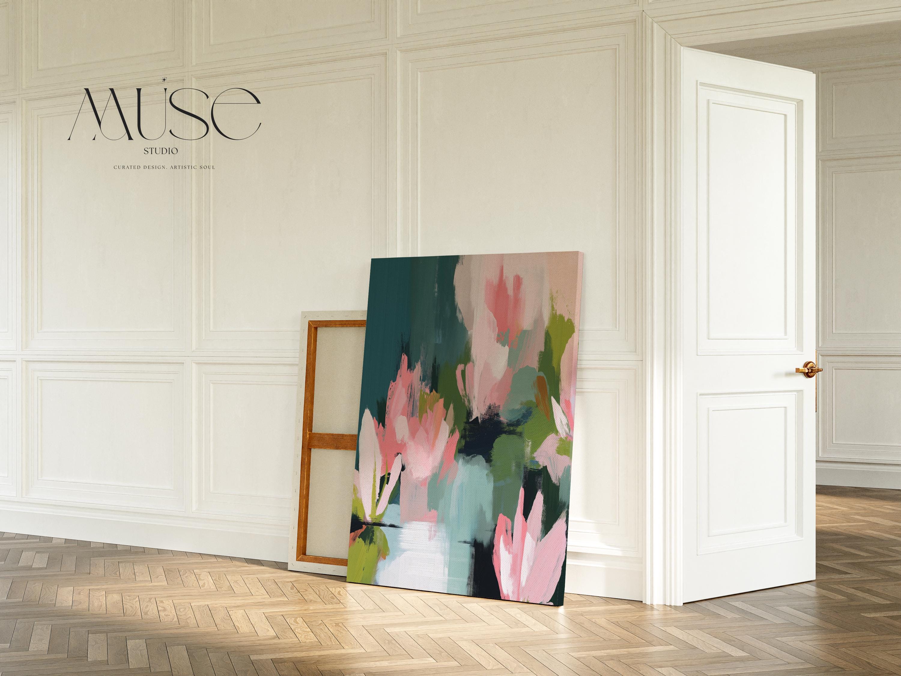 Muse Studio large vertical floral abstract wall art on premium gallery-wrapped artist canvas using museum-grade giclée inks, styled for an Organic Transitional living room or bedroom with soft botanical tones.