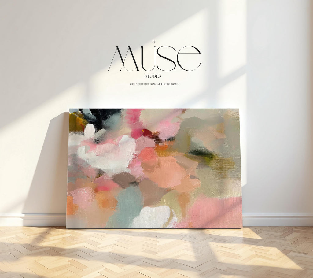 Rosewind Meadow No. 1047 by Muse Studio & Co. large horizontal abstract wall art on premium gallery-wrapped artist canvas with museum-grade giclée inks for Organic Transitional living rooms and serene designer interiors.