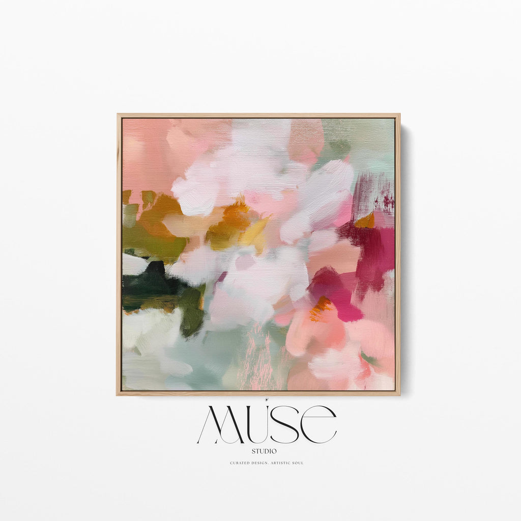 Petal Daydream No. 1048 by Muse Studio & Co. large square floral abstract wall art in coral blush, petal pink, soft sage and warm ivory on premium gallery-wrapped artist canvas with museum-grade giclée inks, framed in natural wood for Romantic Botanical and Organic Transitional interiors.