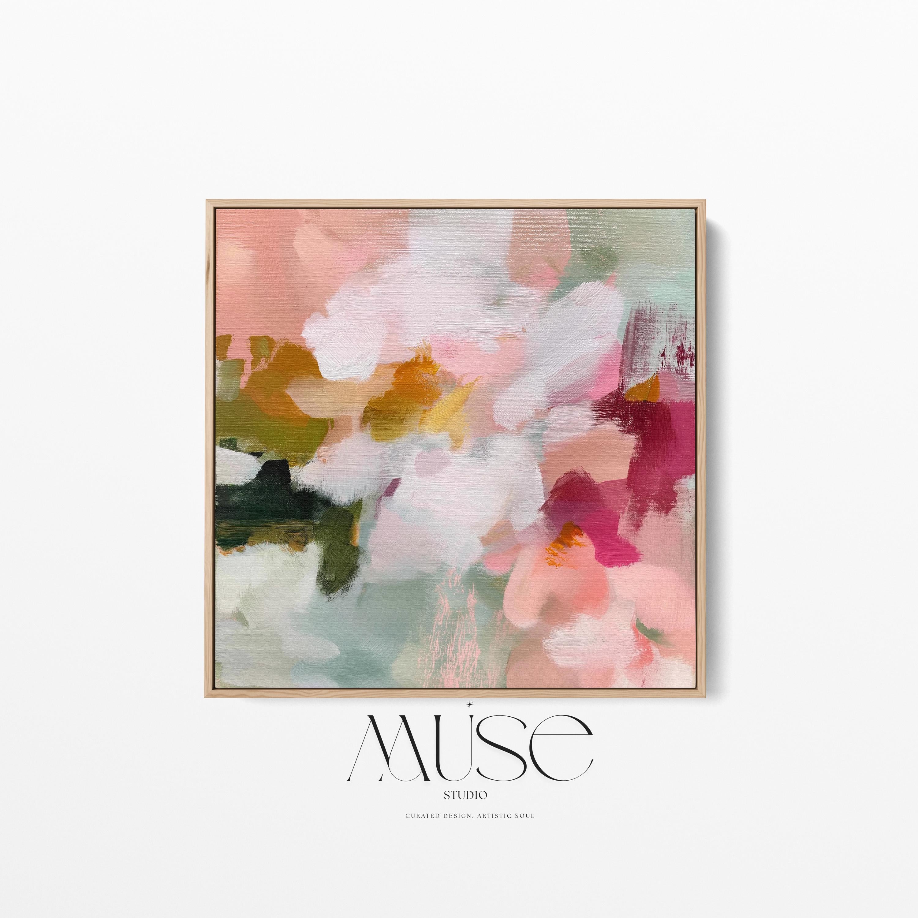 Petal Daydream No. 1048 by Muse Studio & Co. large square floral abstract wall art in coral blush, petal pink, soft sage and warm ivory on premium gallery-wrapped artist canvas with museum-grade giclée inks, framed in natural wood for Romantic Botanical and Organic Transitional interiors.