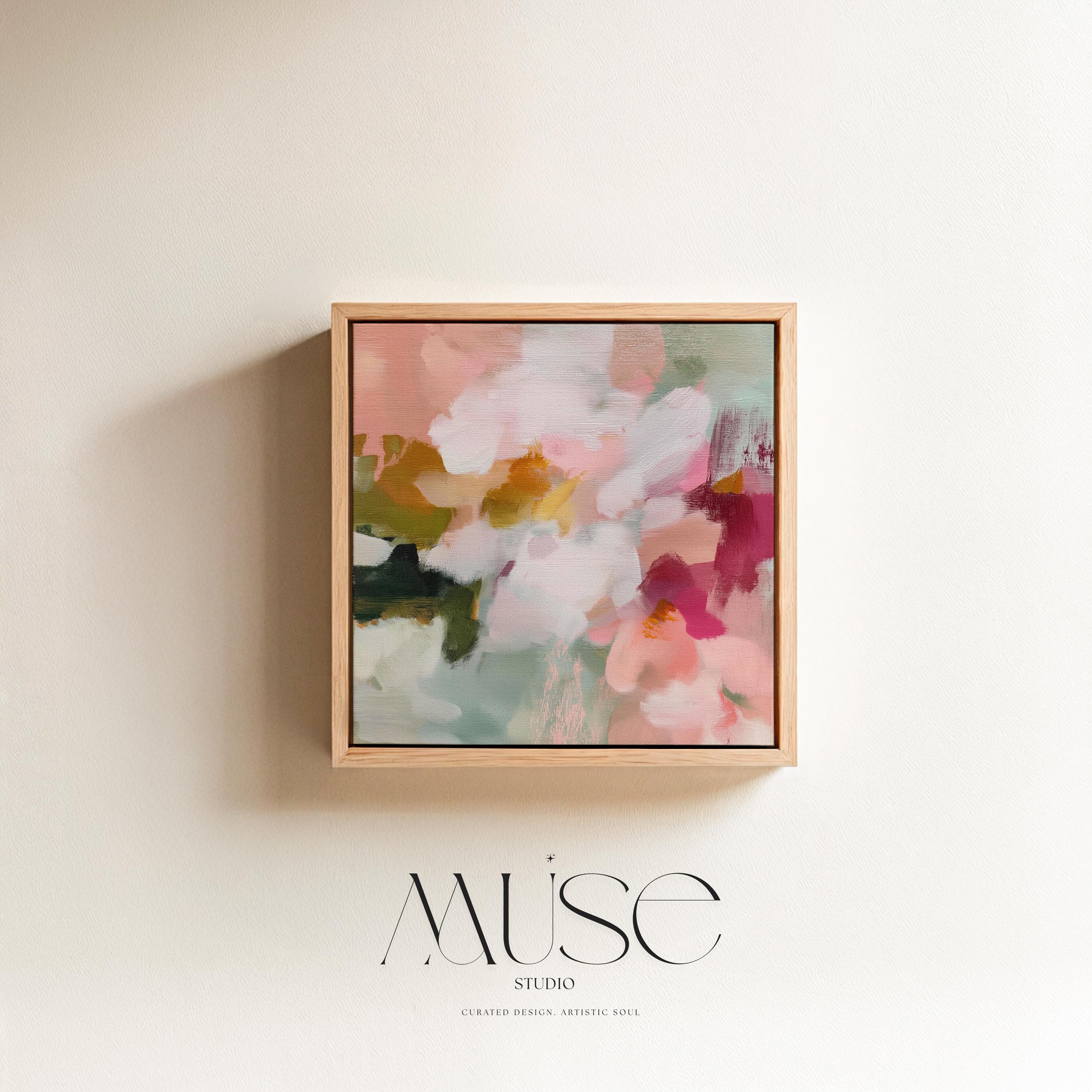Petal Daydream No. 1048 by Muse Studio & Co. large square floral abstract wall art in coral blush, petal pink, soft sage and warm ivory on premium gallery-wrapped artist canvas with museum-grade giclée inks, framed in natural wood for Romantic Botanical and Organic Transitional interiors.