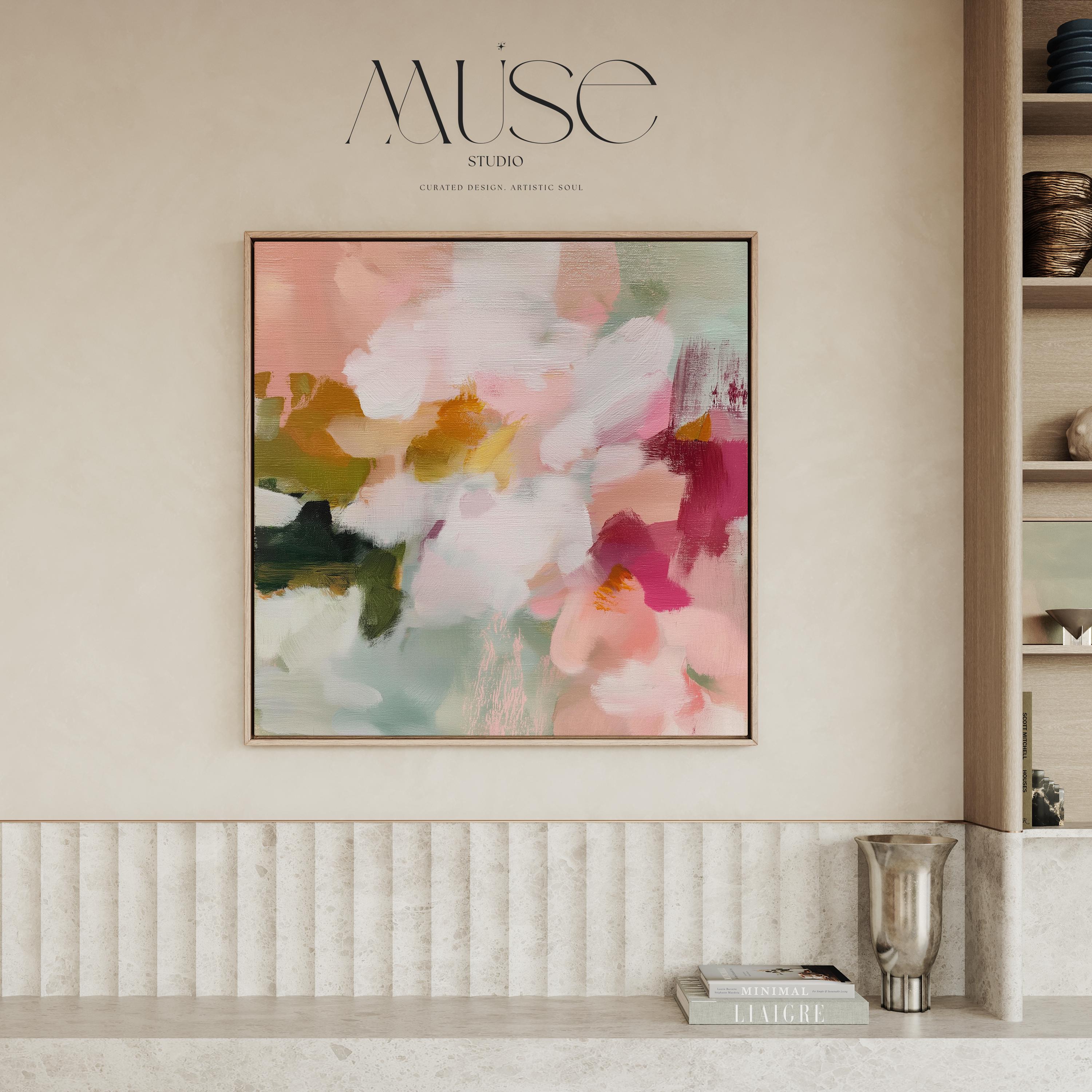 Petal Daydream No. 1048 by Muse Studio & Co. large square floral abstract wall art in coral blush, petal pink, soft sage and warm ivory on premium gallery-wrapped artist canvas with museum-grade giclée inks, framed in natural wood for Romantic Botanical and Organic Transitional interiors.