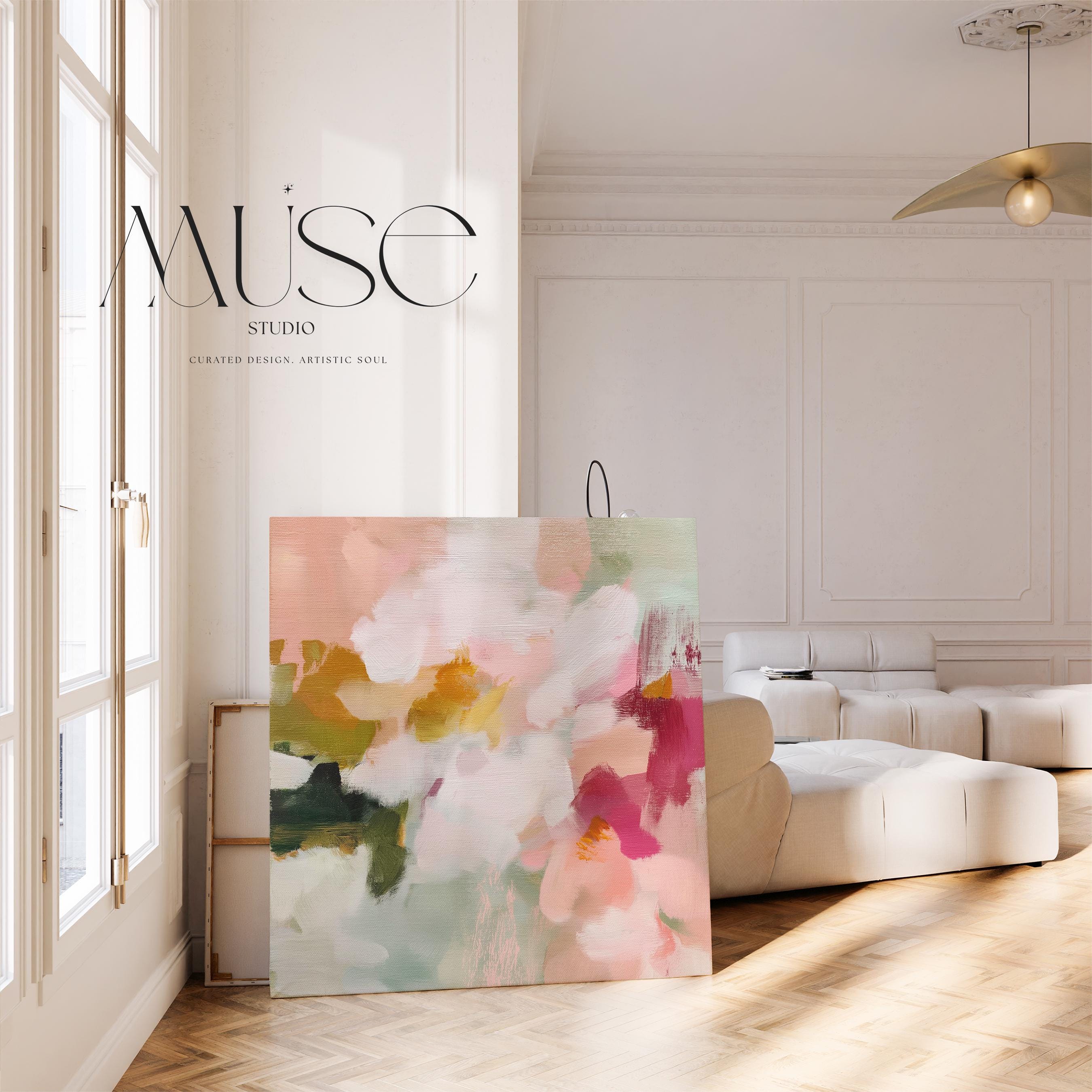 Petal Daydream No. 1048 by Muse Studio & Co. large square floral abstract wall art in coral blush, petal pink, soft sage and warm ivory on premium gallery-wrapped artist canvas with museum-grade giclée inks for Romantic Botanical and Organic Transitional interiors.
