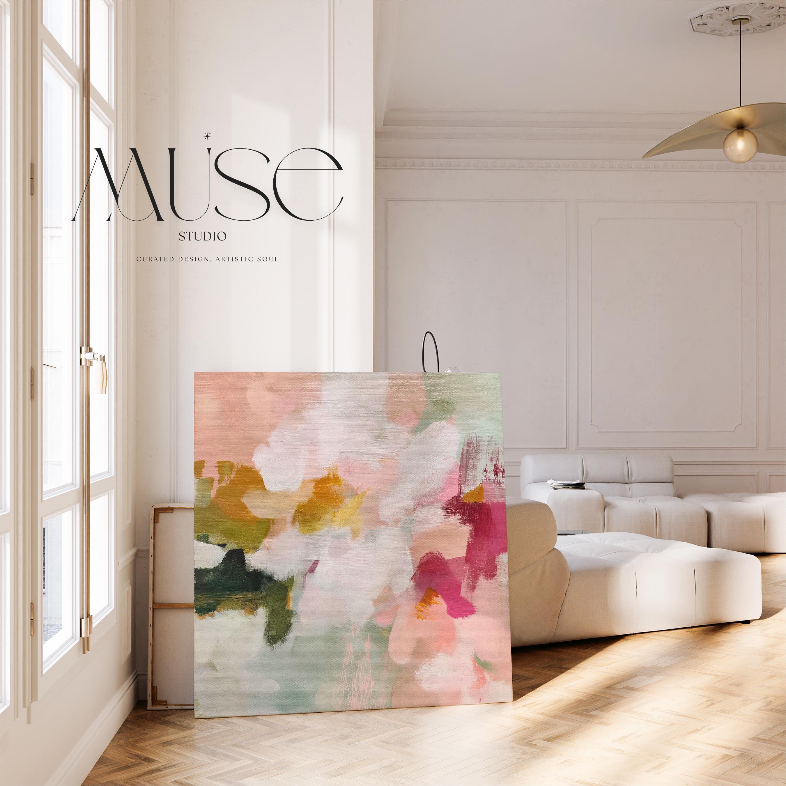 Petal Daydream No. 1048 by Muse Studio & Co. large square floral abstract wall art in coral blush, petal pink, soft sage and warm ivory on premium gallery-wrapped artist canvas with museum-grade giclée inks for Romantic Botanical and Organic Transitional interiors.
