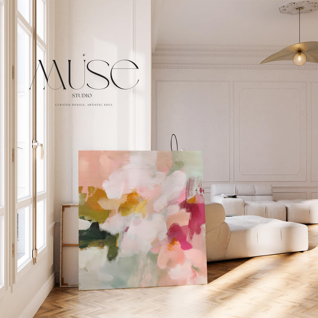 Petal Daydream No. 1048 by Muse Studio & Co. large square floral abstract wall art in coral blush, petal pink, soft sage and warm ivory on premium gallery-wrapped artist canvas with museum-grade giclée inks for Romantic Botanical and Organic Transitional interiors.