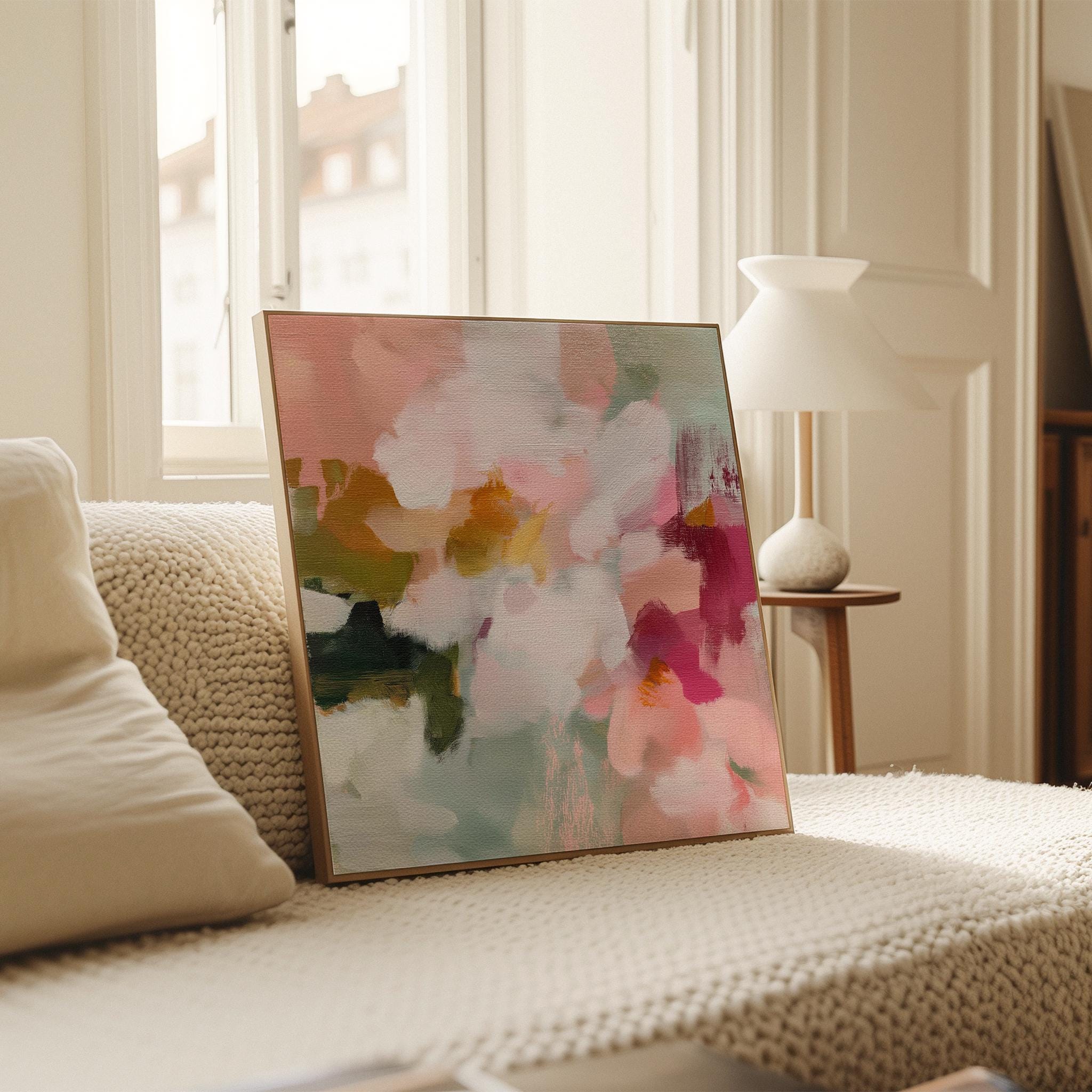 Petal Daydream No. 1048 by Muse Studio & Co. large square floral abstract wall art in coral blush, petal pink, soft sage and warm ivory on premium gallery-wrapped artist canvas with museum-grade giclée inks for Romantic Botanical and Organic Transitional interiors.