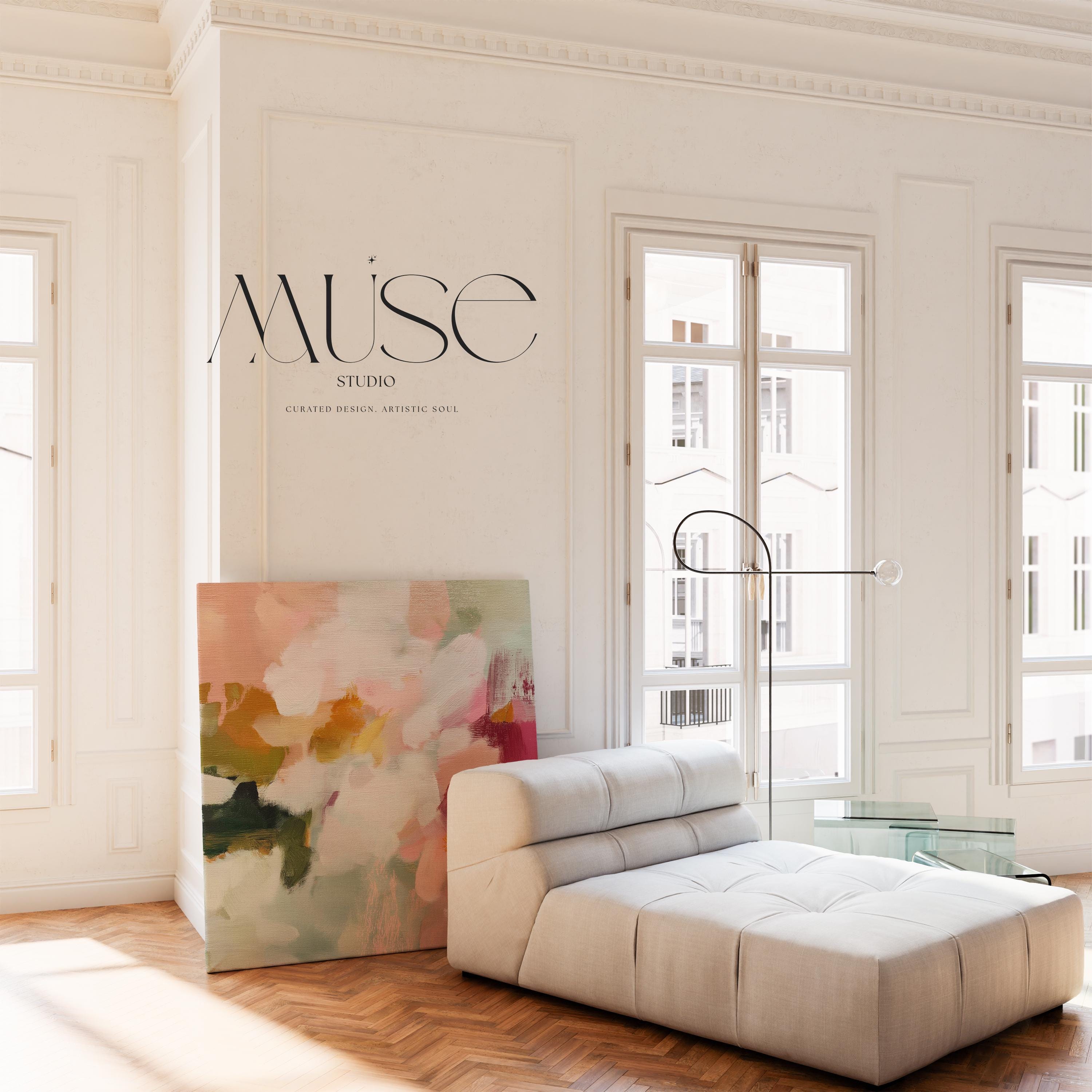 Petal Daydream No. 1048 by Muse Studio & Co. large square floral abstract wall art in coral blush, petal pink, soft sage and warm ivory on premium gallery-wrapped artist canvas with museum-grade giclée inks for Romantic Botanical and Organic Transitional interiors.