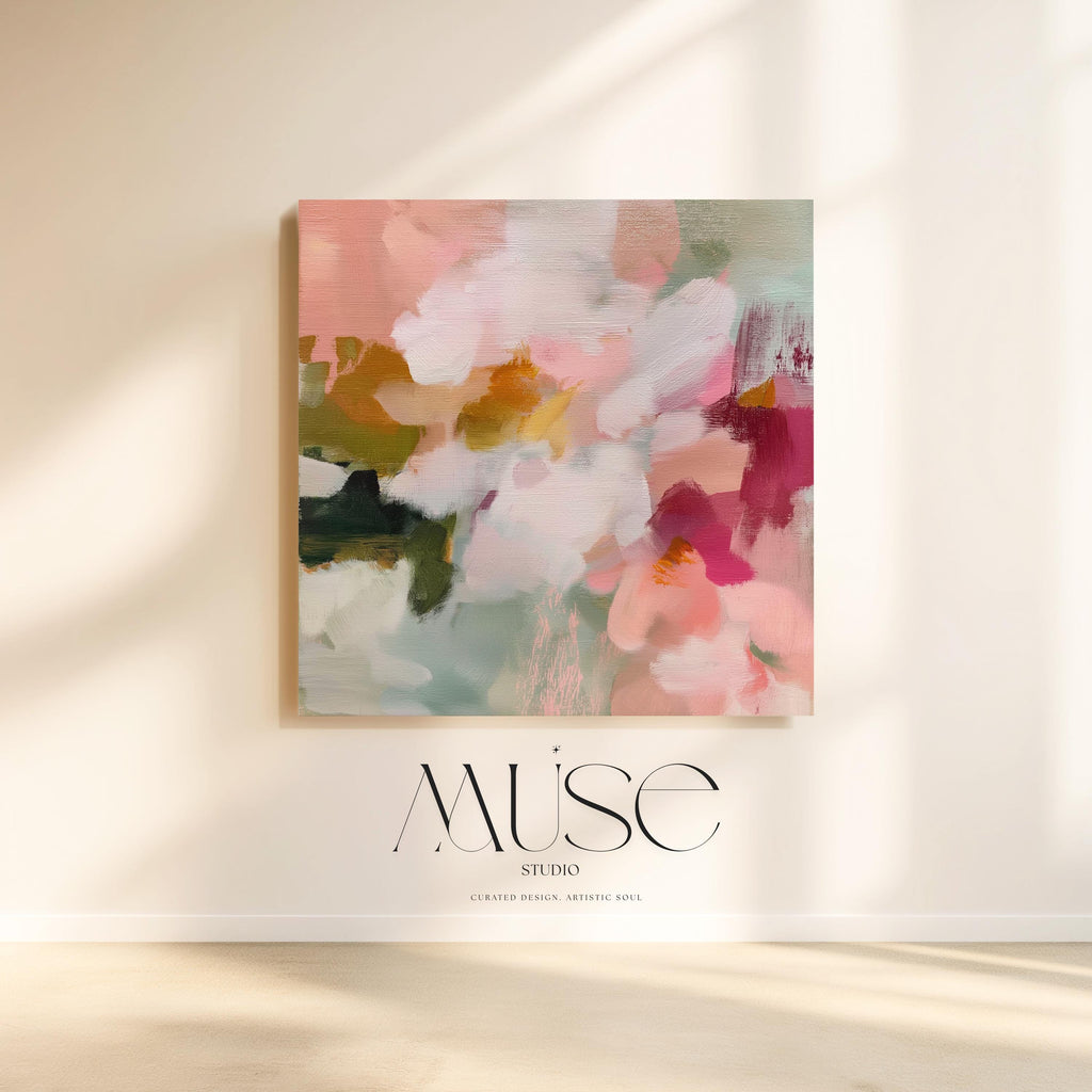 Petal Daydream No. 1048 by Muse Studio & Co. large square floral abstract wall art in coral blush, petal pink, soft sage and warm ivory on premium gallery-wrapped artist canvas with museum-grade giclée inks for Romantic Botanical and Organic Transitional interiors.