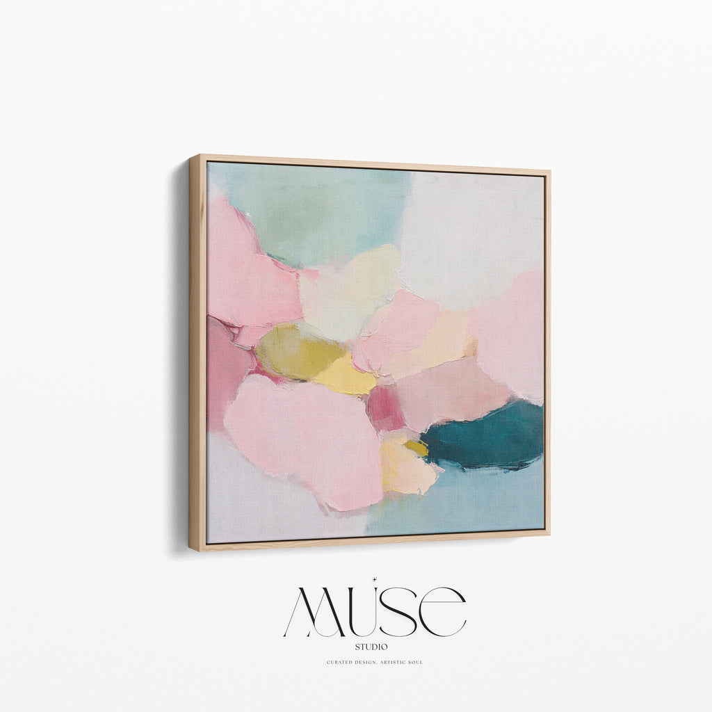 Large square abstract framed canvas wall art featuring soft blush pink, muted teal, pale aqua blue, and butter yellow painterly shapes with visible texture, styled in a modern neutral living room, offering calm color contrast and quiet luxury for above sofa or bedroom wall placement.