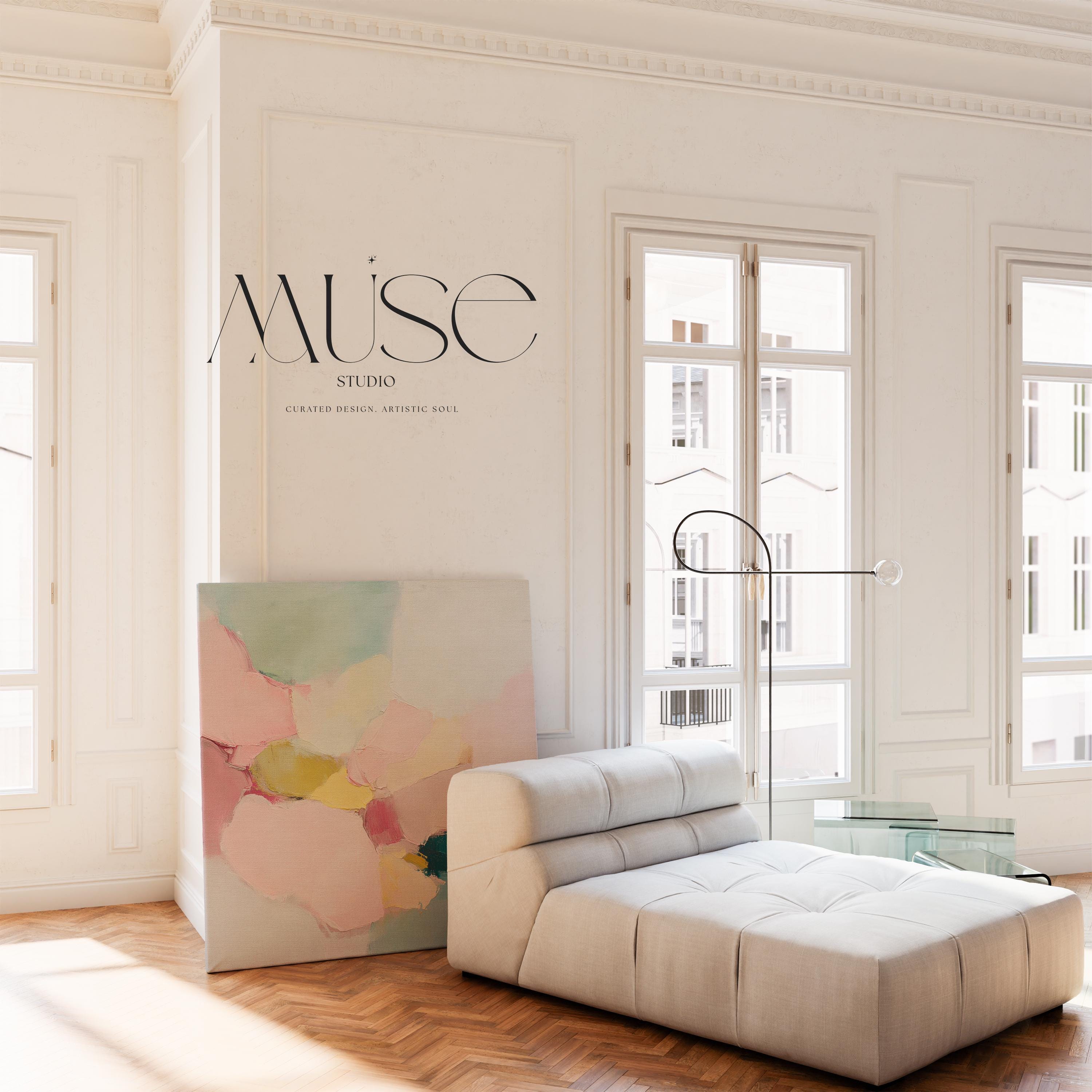 Large square abstract canvas wall art featuring blush pink, muted teal, pale aqua blue, and butter yellow painterly shapes with visible texture, styled above a modern sofa in a calm contemporary living room, offering soft color contrast and quiet luxury in oversized square format.