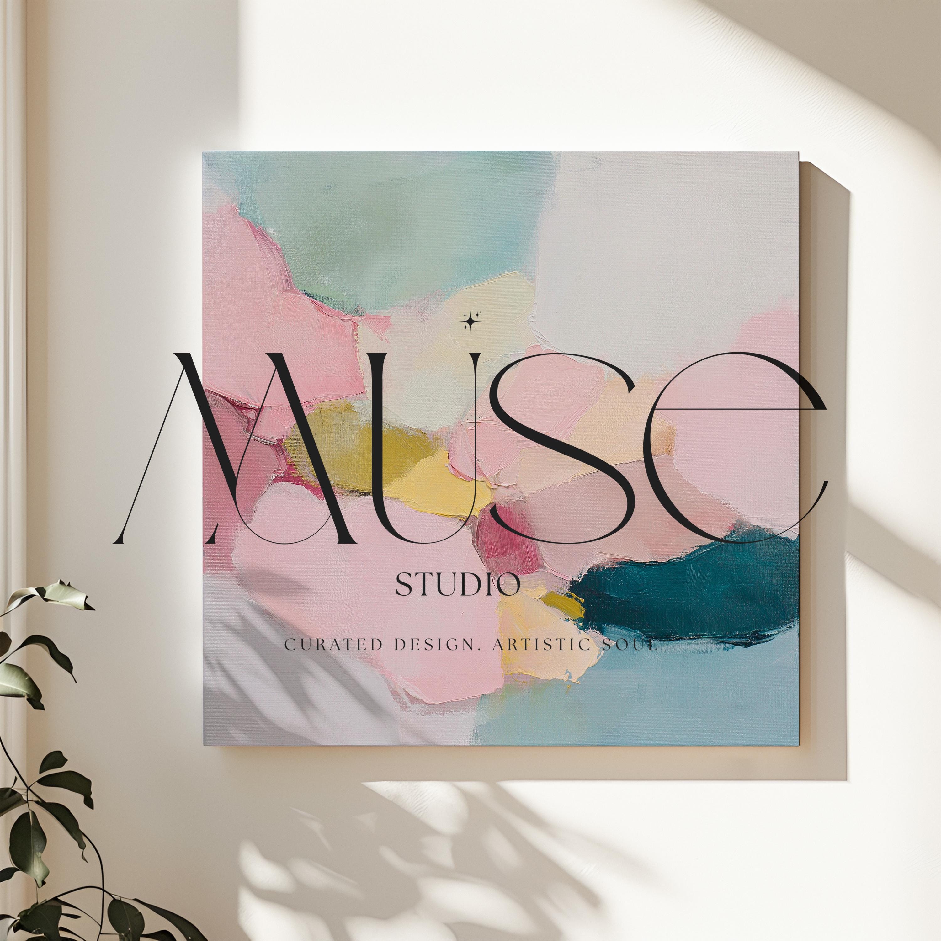 Large square abstract canvas wall art featuring blush pink, muted teal, pale aqua blue, and butter yellow painterly shapes with visible texture, styled above a modern sofa in a calm contemporary living room, offering soft color contrast and quiet luxury in oversized square format.