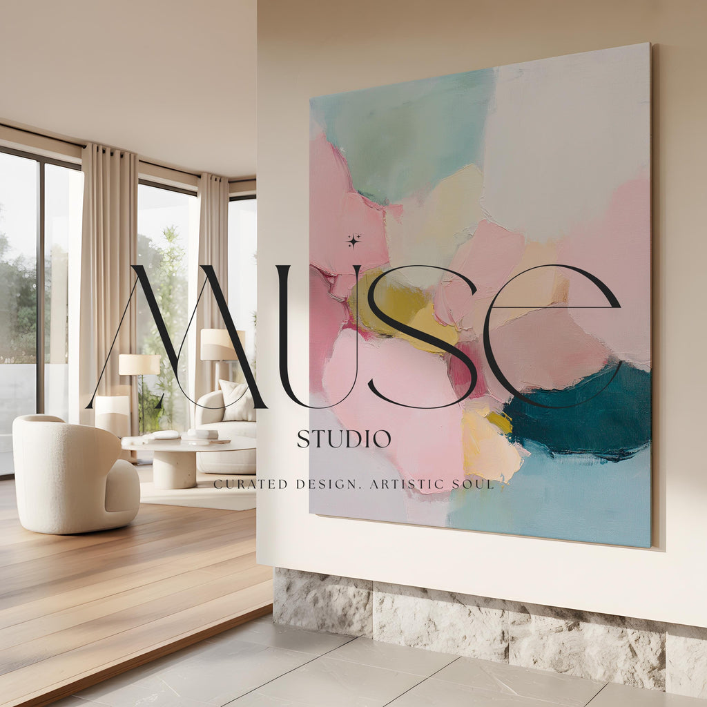 Large square abstract canvas wall art featuring blush pink, muted teal, pale aqua blue, and butter yellow painterly shapes with visible texture, styled above a modern sofa in a calm contemporary living room, offering soft color contrast and quiet luxury in oversized square format.