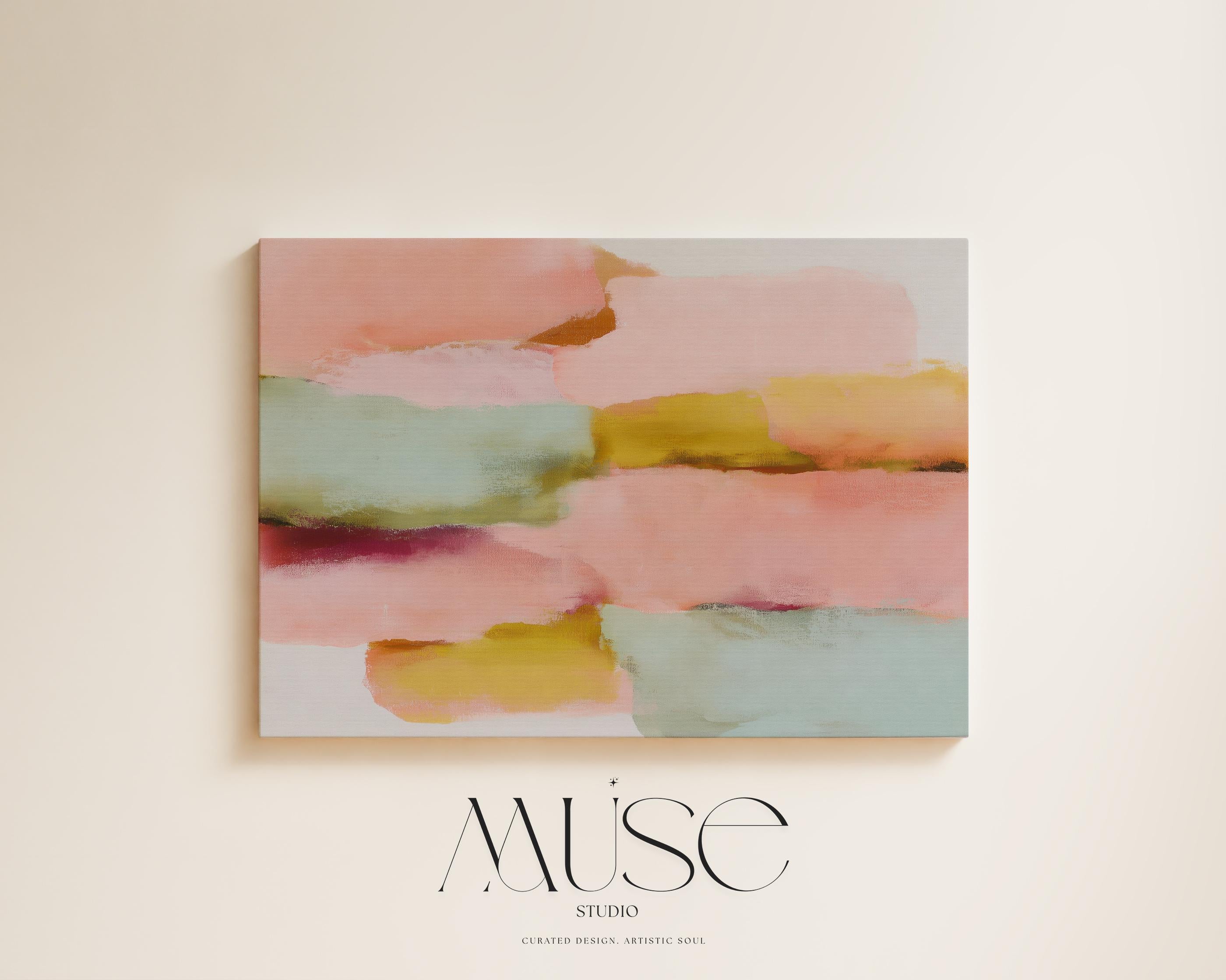 Large horizontal abstract canvas wall art featuring blush pink, coral, muted aqua blue, golden ochre, and soft plum brushstrokes, designed for above couch placement in a modern neutral living room, adding warm contemporary color and elongated wall coverage.