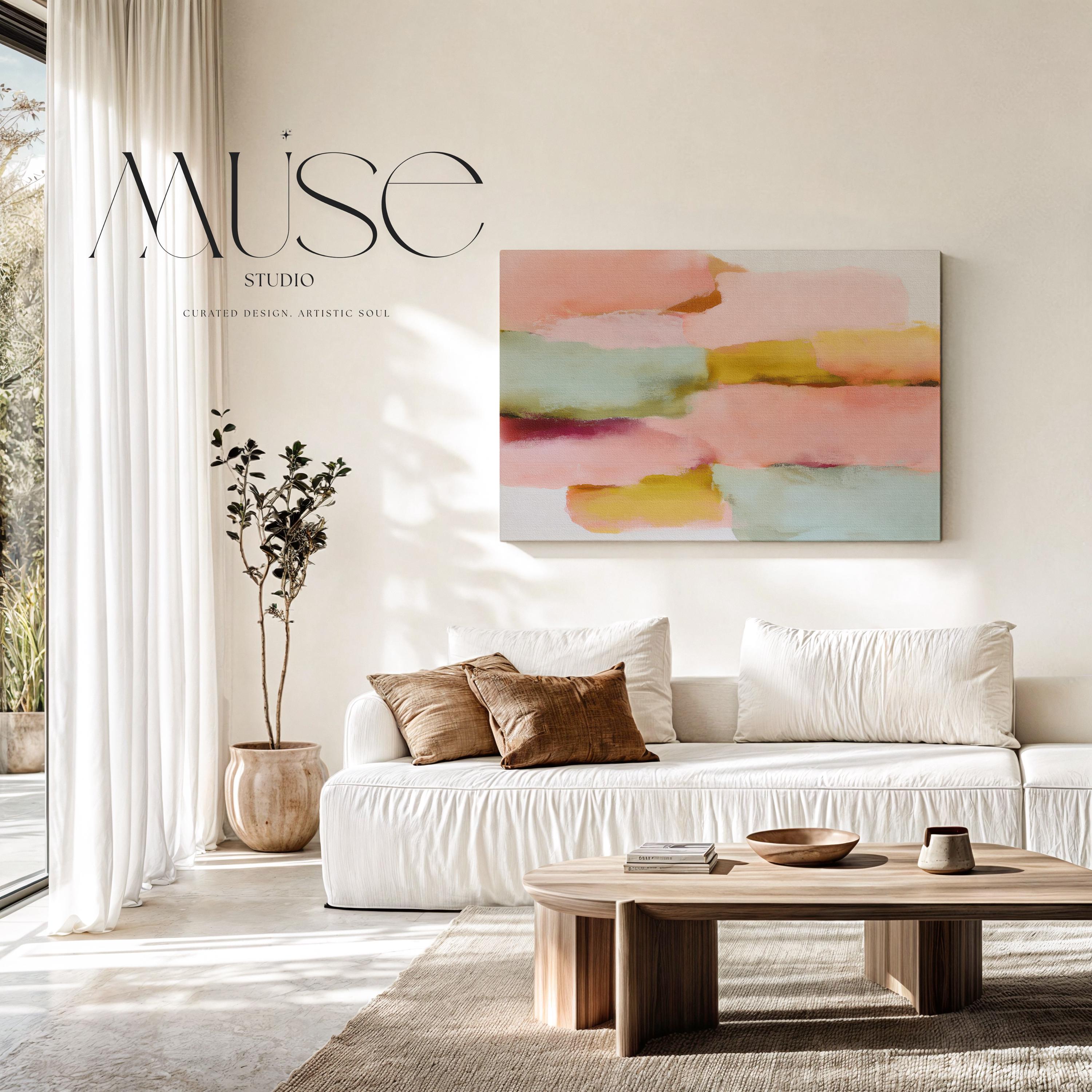 Large horizontal abstract canvas wall art featuring blush pink, coral, muted aqua blue, golden ochre, and soft plum brushstrokes, designed for above couch placement in a modern neutral living room, adding warm contemporary color and elongated wall coverage.