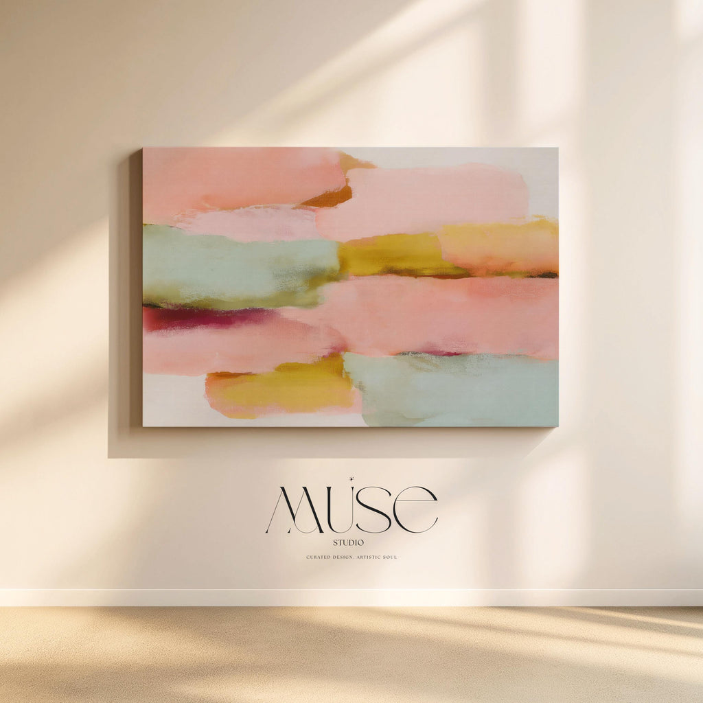 Large horizontal abstract canvas wall art featuring blush pink, coral, muted aqua blue, golden ochre, and soft plum brushstrokes, designed for above couch placement in a modern neutral living room, adding warm contemporary color and elongated wall coverage.