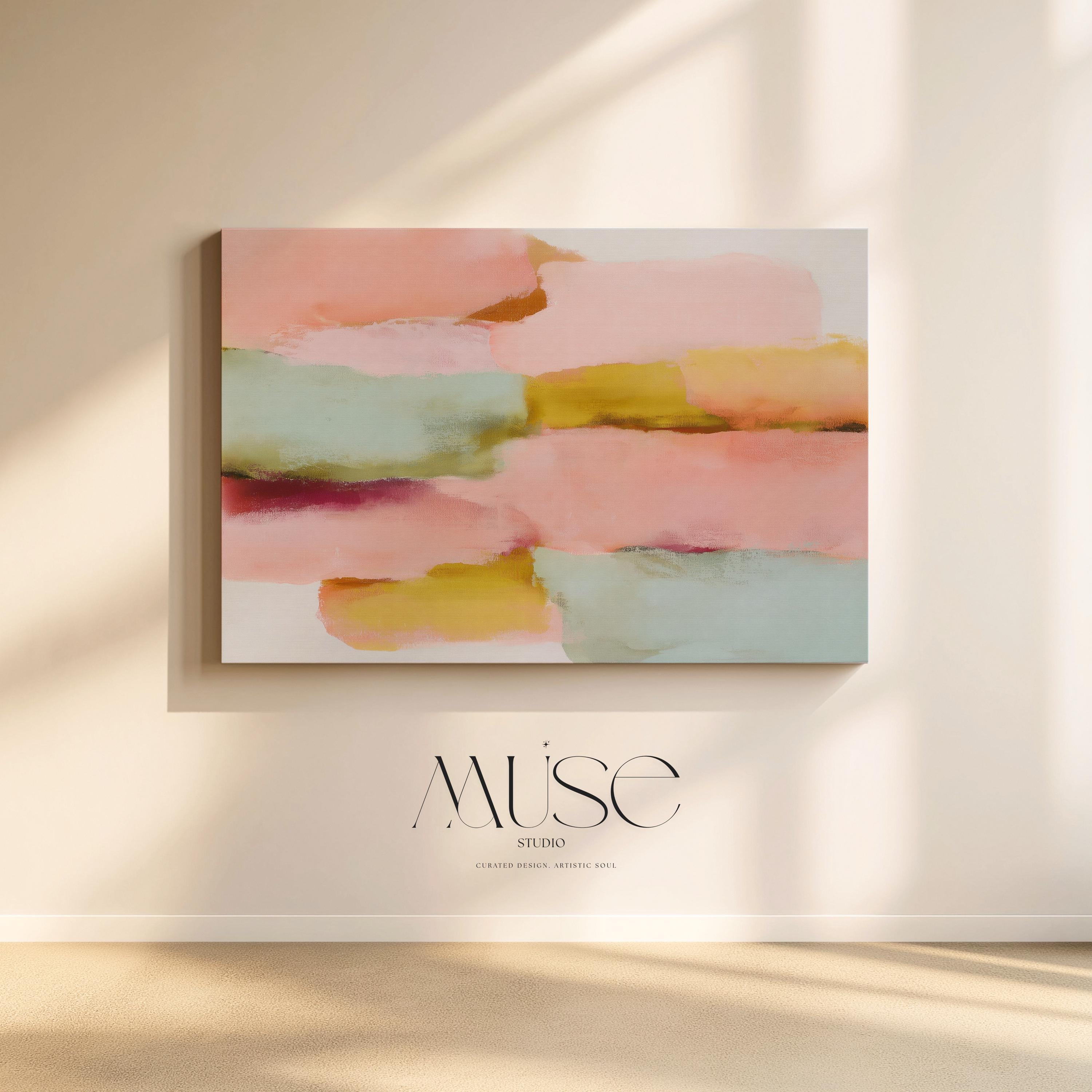 Large horizontal abstract canvas wall art featuring blush pink, coral, muted aqua blue, golden ochre, and soft plum brushstrokes, designed for above couch placement in a modern neutral living room, adding warm contemporary color and elongated wall coverage.