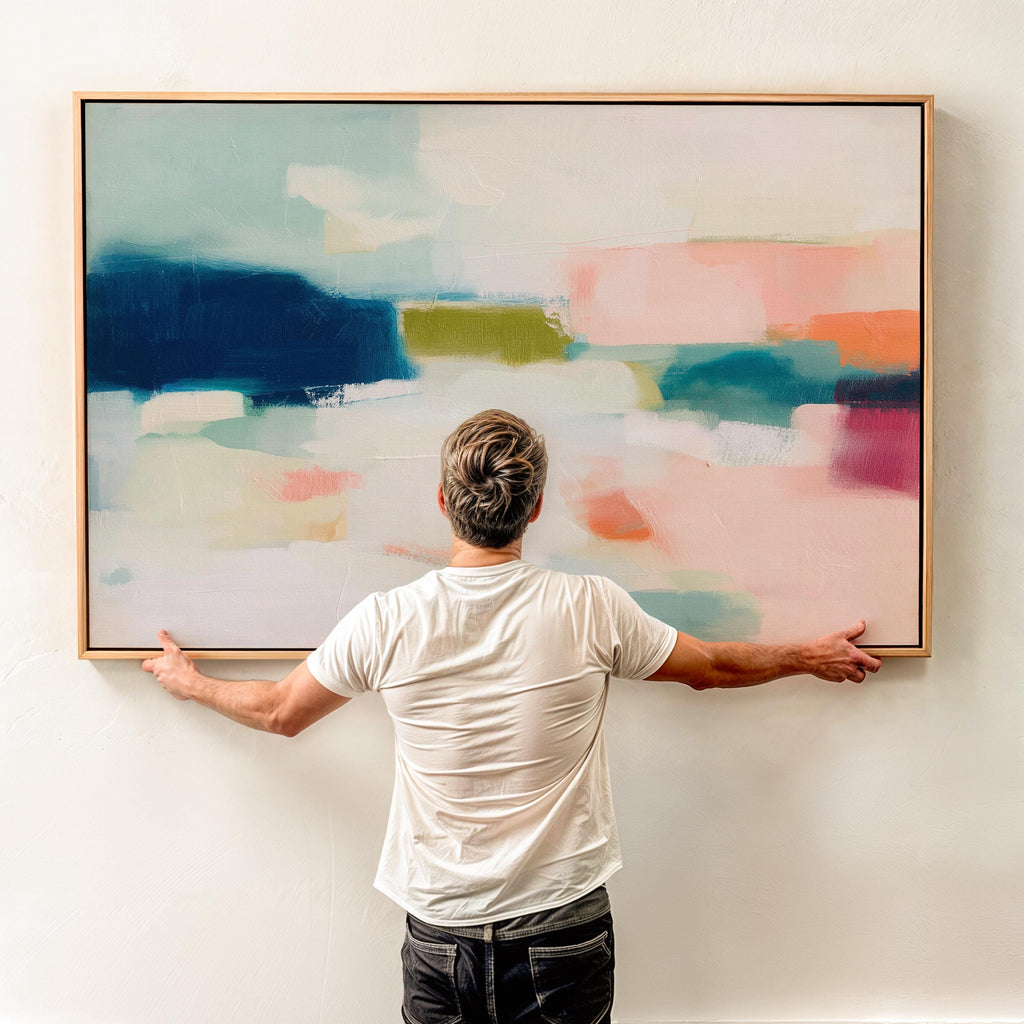 Large horizontal abstract framed canvas wall art featuring deep navy blue, muted aqua, soft blush pink, olive green, coral accents, and layered white brushstrokes, styled above a neutral sofa in a modern coastal living room, offering balanced contrast and refined contemporary color.
