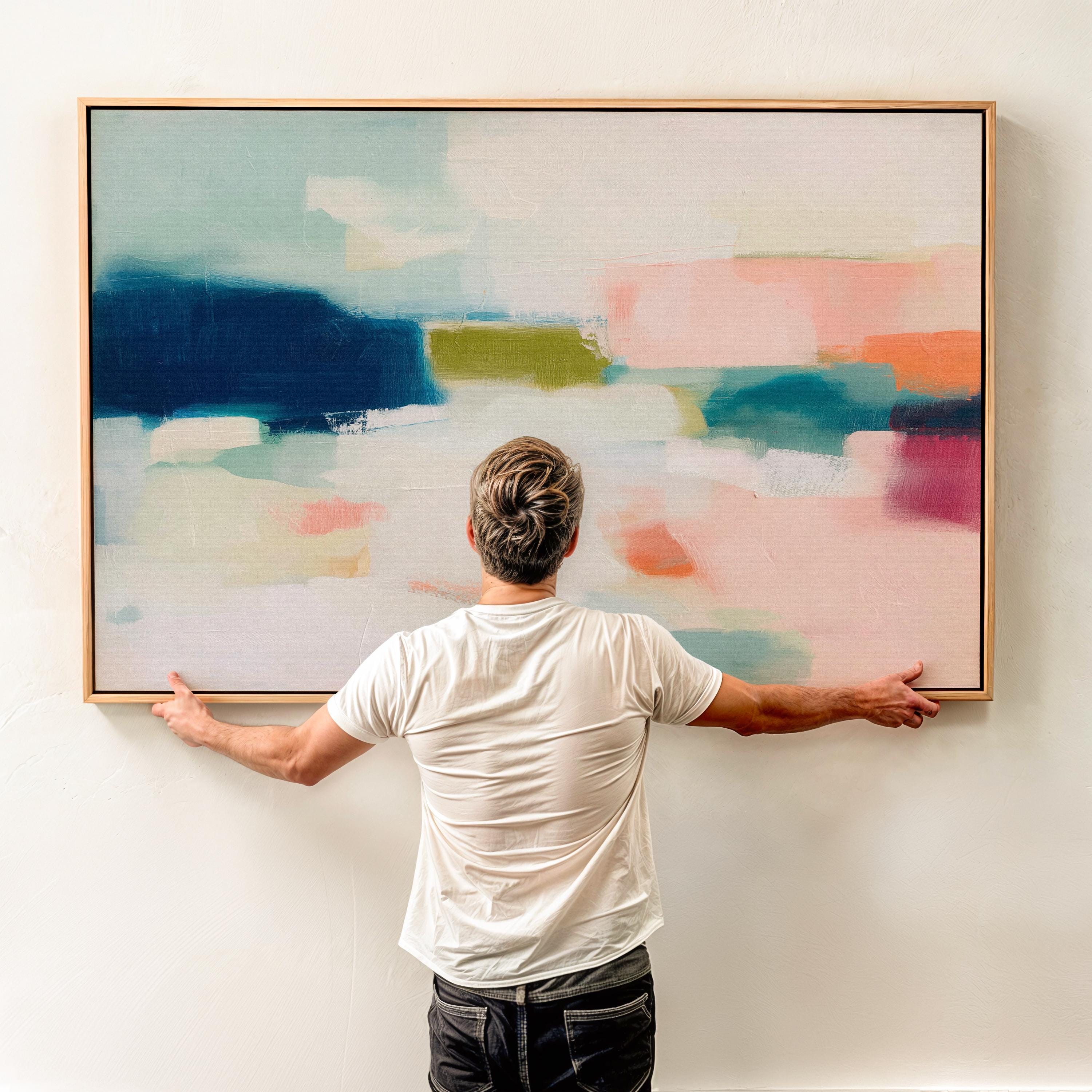 Large horizontal abstract framed canvas wall art featuring deep navy blue, muted aqua, soft blush pink, olive green, coral accents, and layered white brushstrokes, styled above a neutral sofa in a modern coastal living room, offering balanced contrast and refined contemporary color.