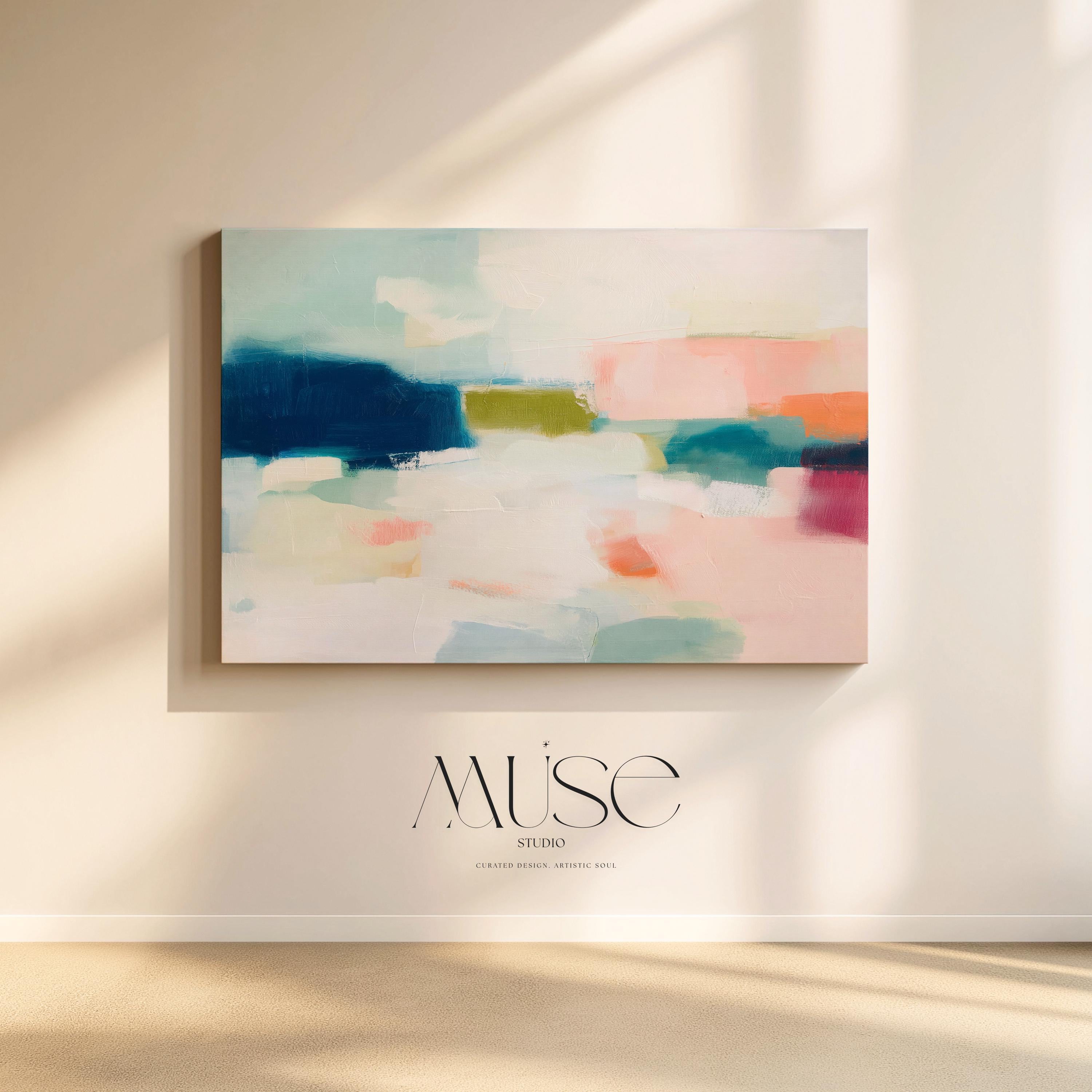 Large horizontal abstract canvas wall art featuring navy blue, muted aqua, blush pink, olive green, and coral tones layered across a soft white background, designed for above couch placement in a modern coastal living room, offering rich contrast and contemporary warmth.