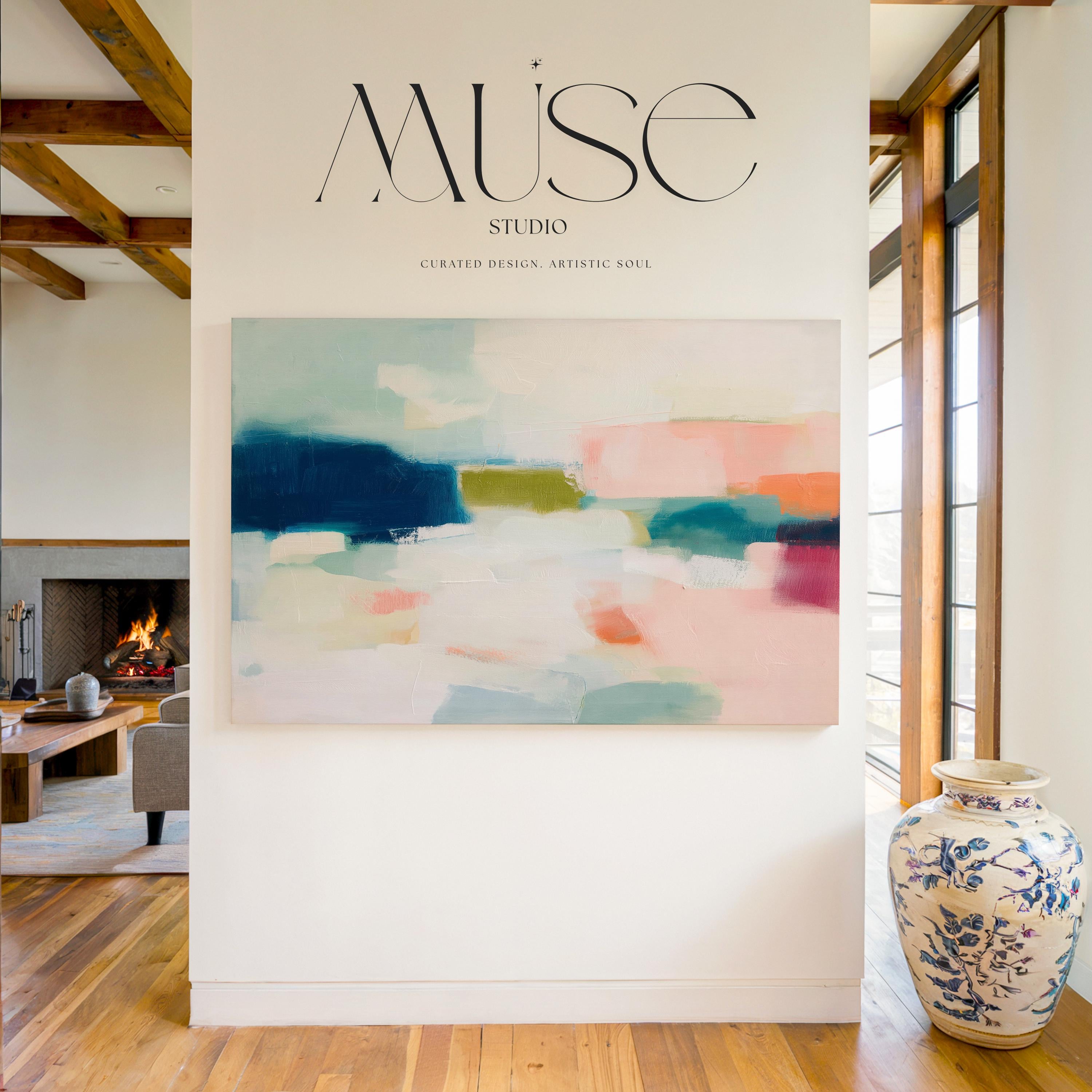 Large horizontal abstract canvas wall art featuring navy blue, muted aqua, blush pink, olive green, and coral tones layered across a soft white background, designed for above couch placement in a modern coastal living room, offering rich contrast and contemporary warmth.