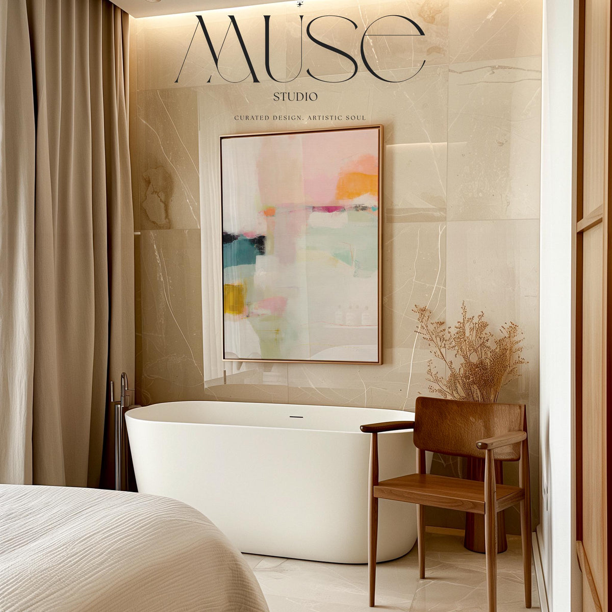 Large vertical abstract framed canvas wall art featuring blush pink, pale mint green, muted teal, warm ochre, coral accents, and layered white brushstrokes, styled in a modern neutral bedroom, offering soft contemporary color and elegant vertical balance.