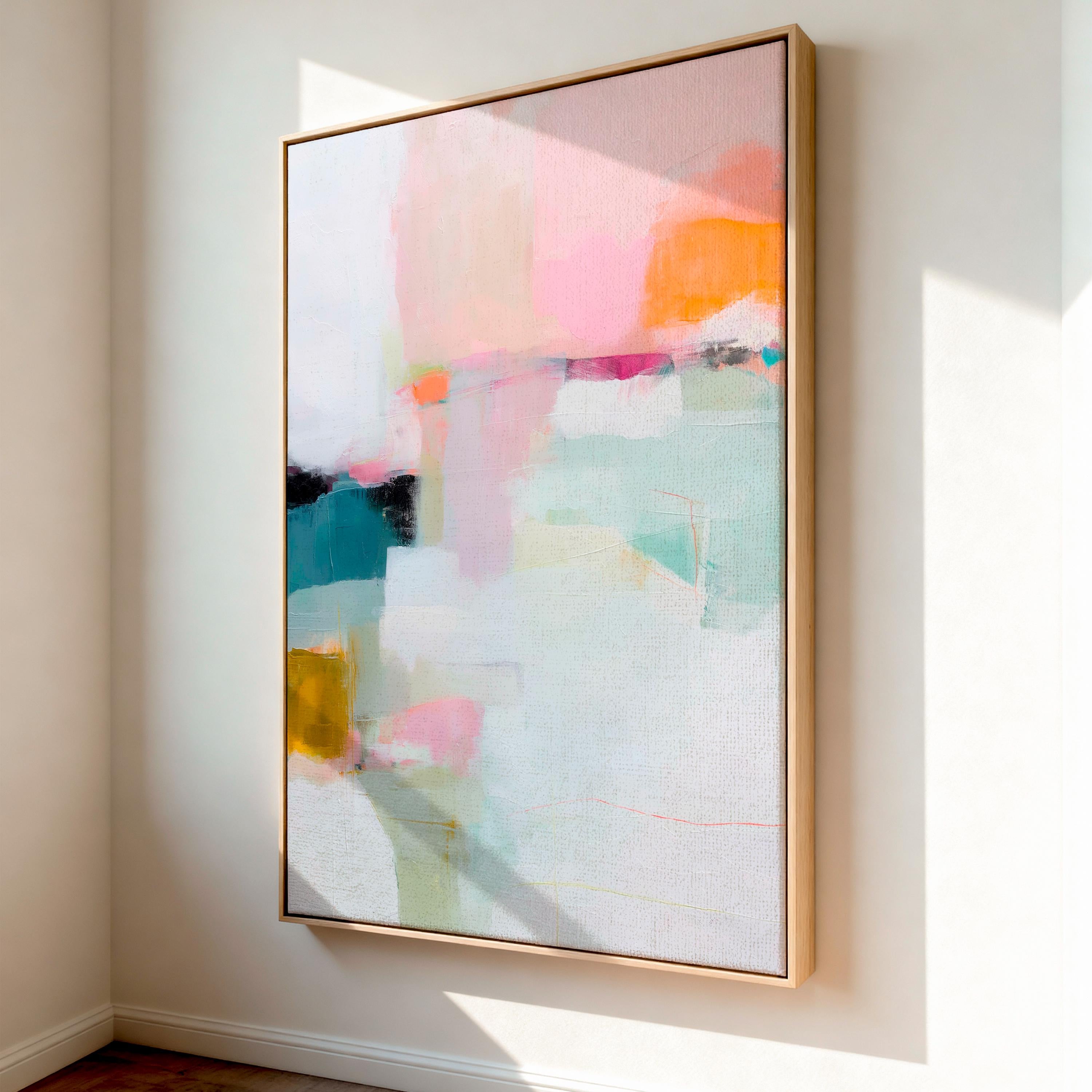 Large vertical abstract framed canvas wall art featuring blush pink, pale mint green, muted teal, warm ochre, coral accents, and layered white brushstrokes, styled in a modern neutral bedroom, offering soft contemporary color and elegant vertical balance.