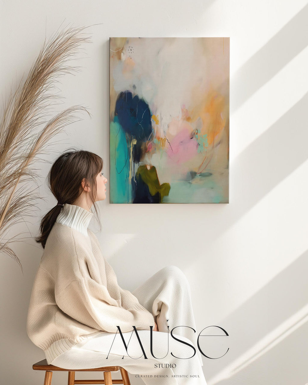 Vertical abstract canvas wall art featuring teal, blush, and peach brushstrokes with soft white layers. The composition exudes modern warmth and calm movement, perfect for living rooms, bedrooms, or transitional interiors. Available as a large gallery-wrapped canvas in premium cotton for a refined, designer-quality finish.