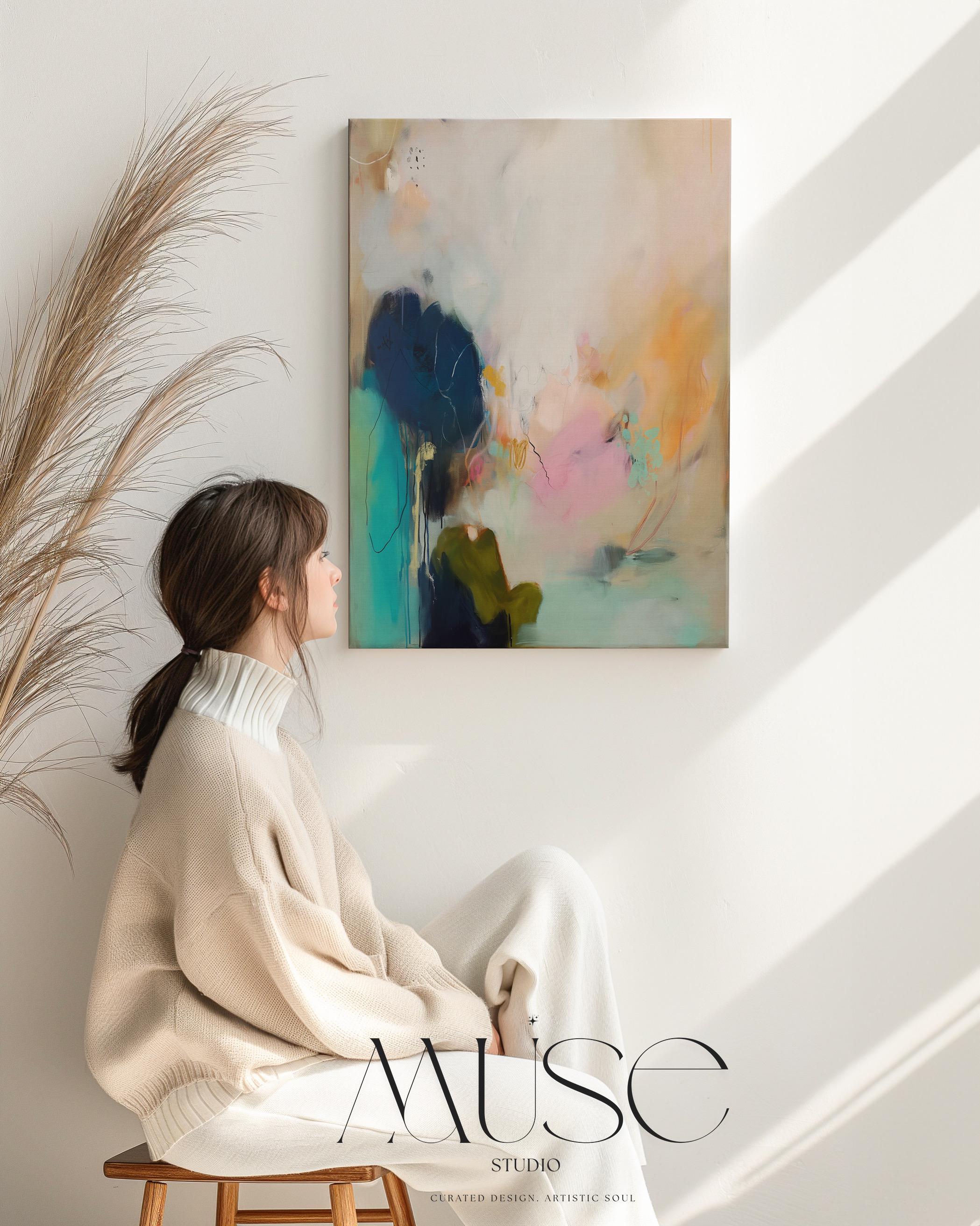 Vertical abstract canvas wall art featuring teal, blush, and peach brushstrokes with soft white layers. The composition exudes modern warmth and calm movement, perfect for living rooms, bedrooms, or transitional interiors. Available as a large gallery-wrapped canvas in premium cotton for a refined, designer-quality finish.