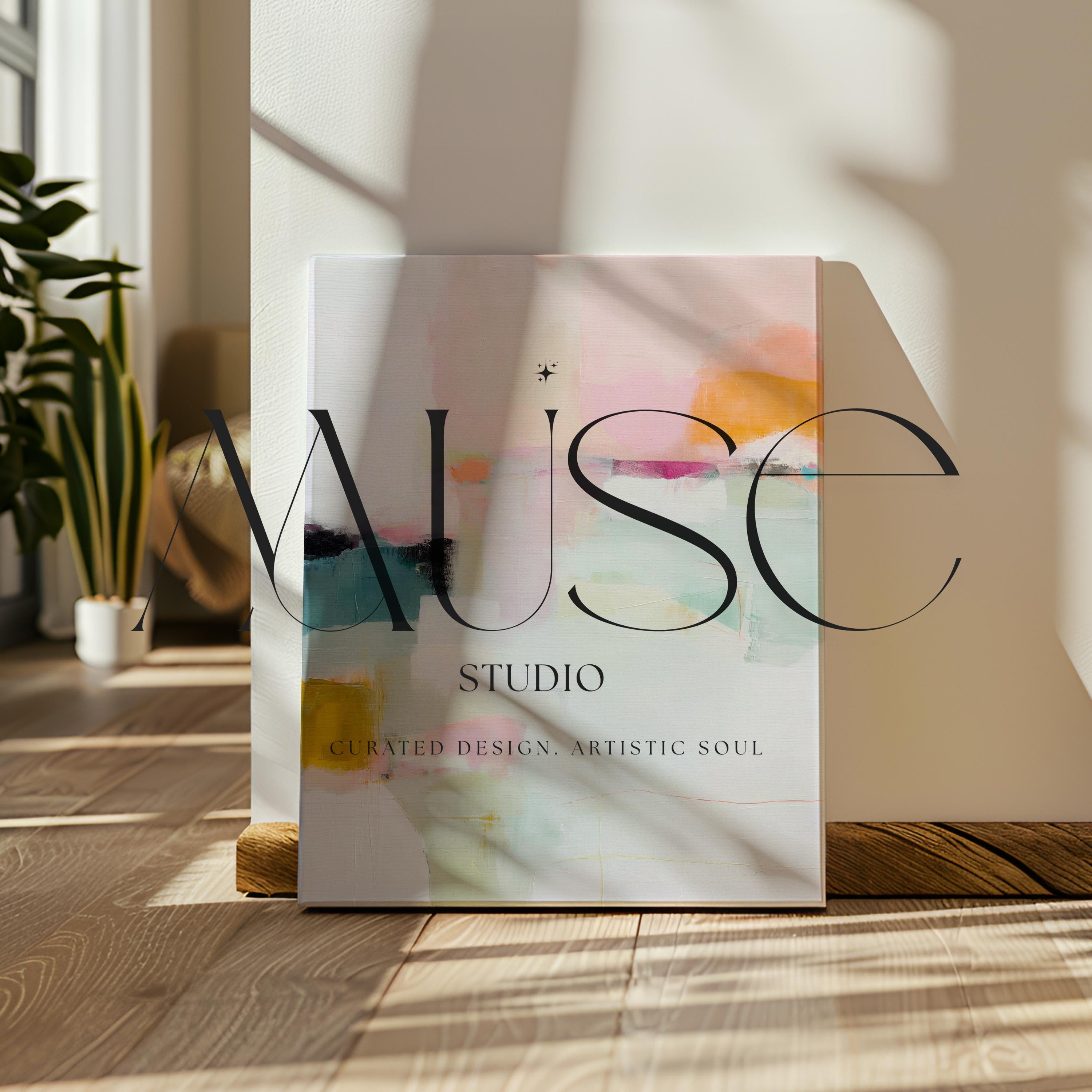 Large vertical abstract canvas wall art featuring blush pink, mint green, muted teal, ochre yellow, and soft coral layered over white, designed for bedroom or entryway placement, adding height and refined contemporary color to modern interiors.