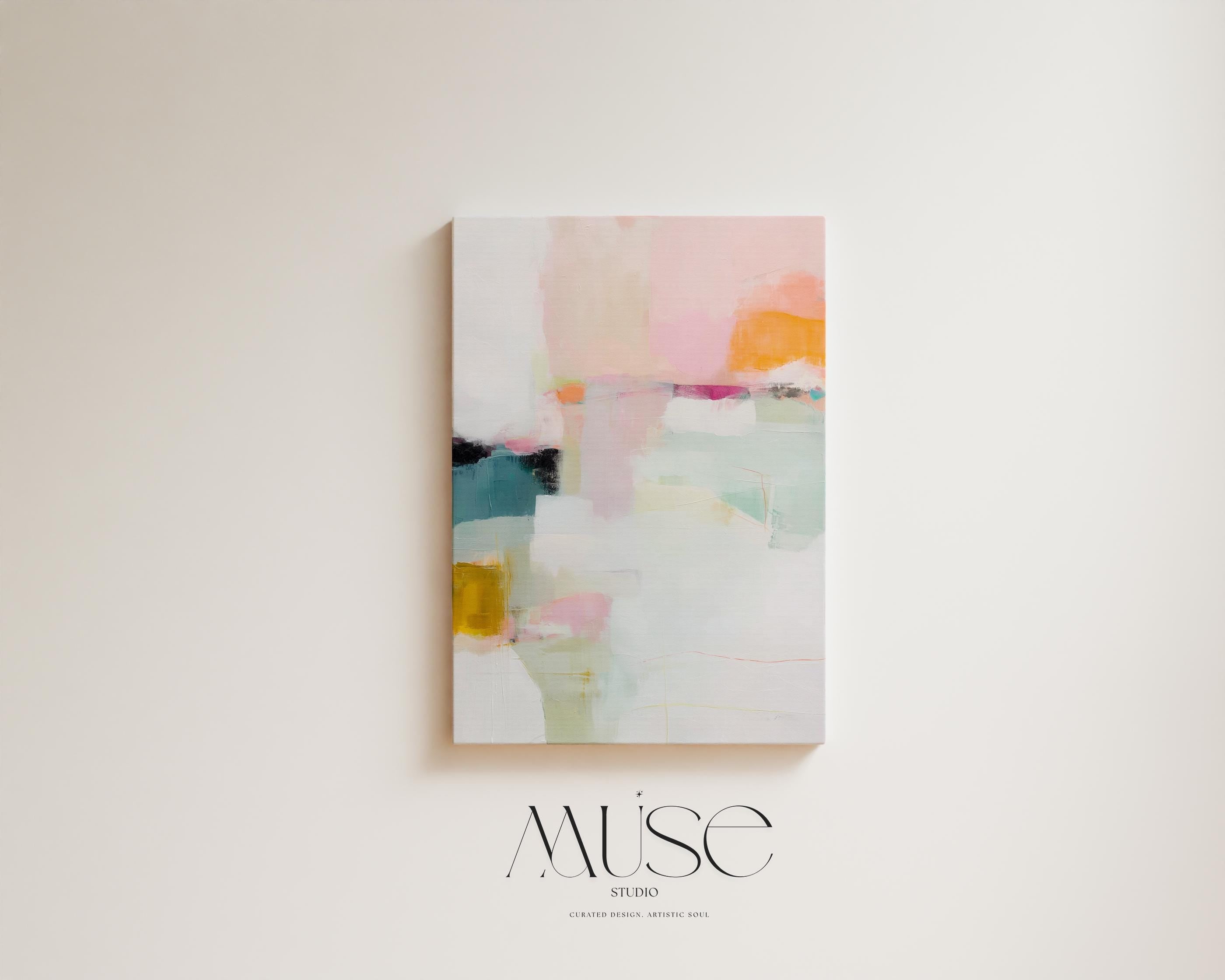 Large vertical abstract canvas wall art featuring blush pink, mint green, muted teal, ochre yellow, and soft coral layered over white, designed for bedroom or entryway placement, adding height and refined contemporary color to modern interiors.