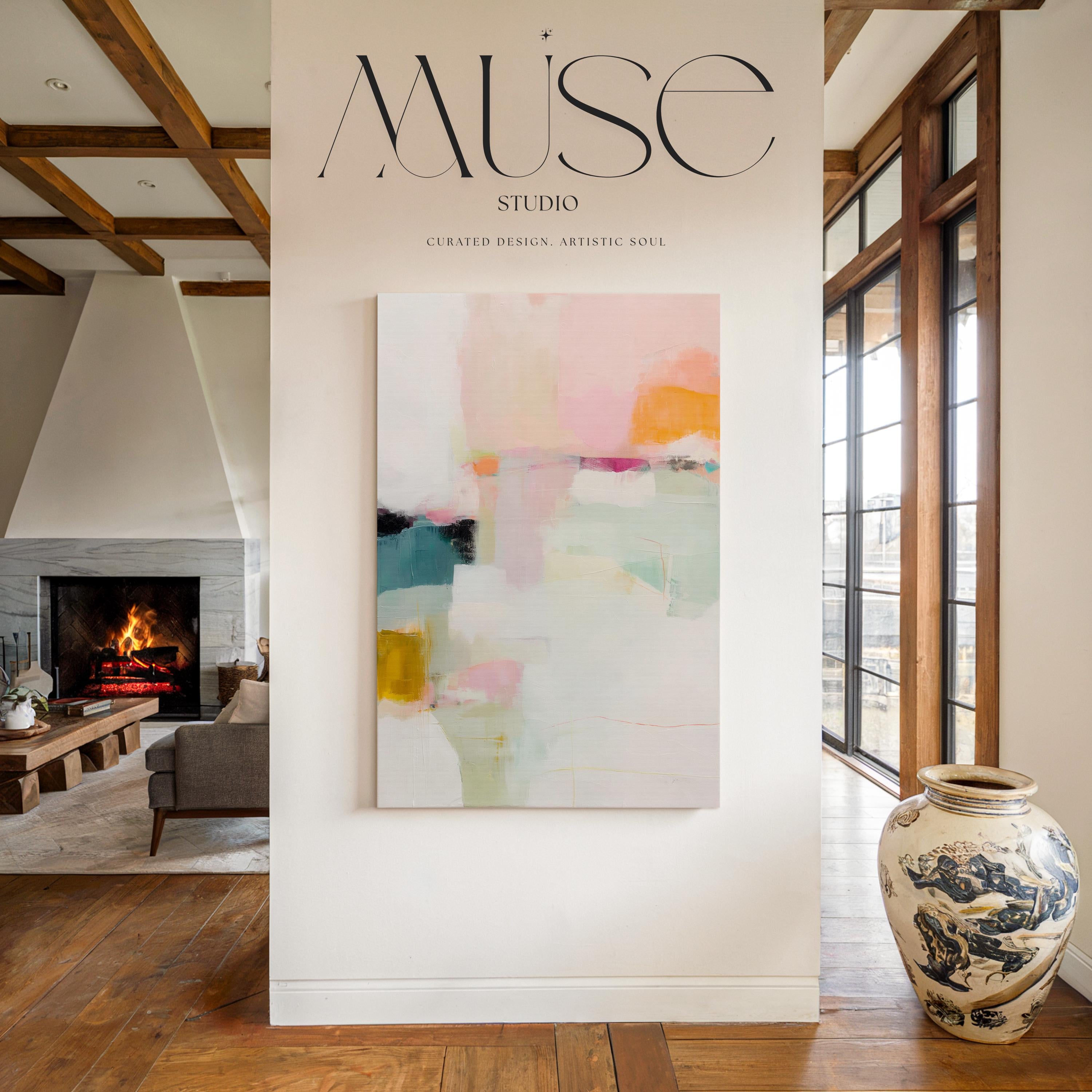 Large vertical abstract canvas wall art featuring blush pink, mint green, muted teal, ochre yellow, and soft coral layered over white, designed for bedroom or entryway placement, adding height and refined contemporary color to modern interiors.