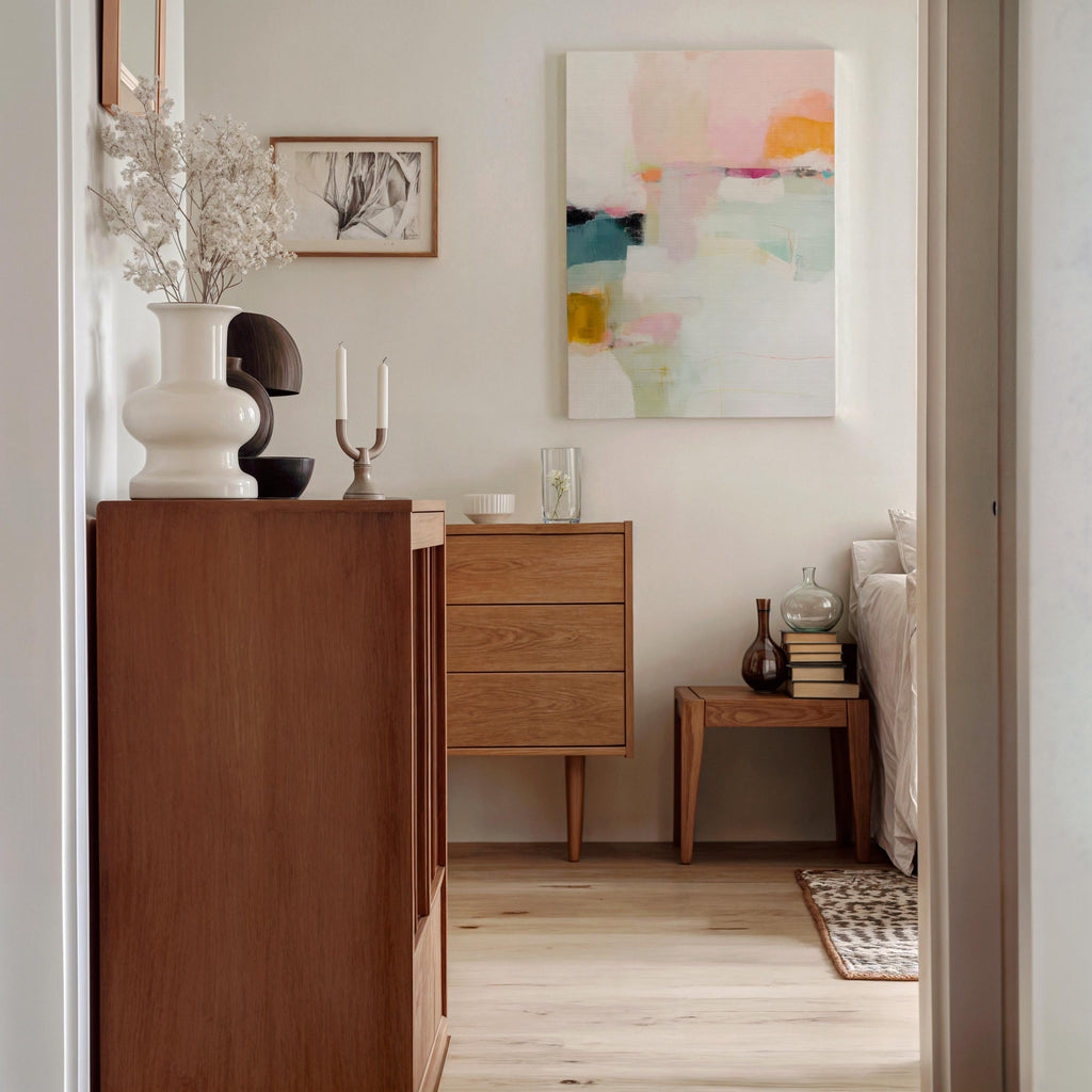 Large vertical abstract canvas wall art featuring blush pink, mint green, muted teal, ochre yellow, and soft coral layered over white, designed for bedroom or entryway placement, adding height and refined contemporary color to modern interiors.
