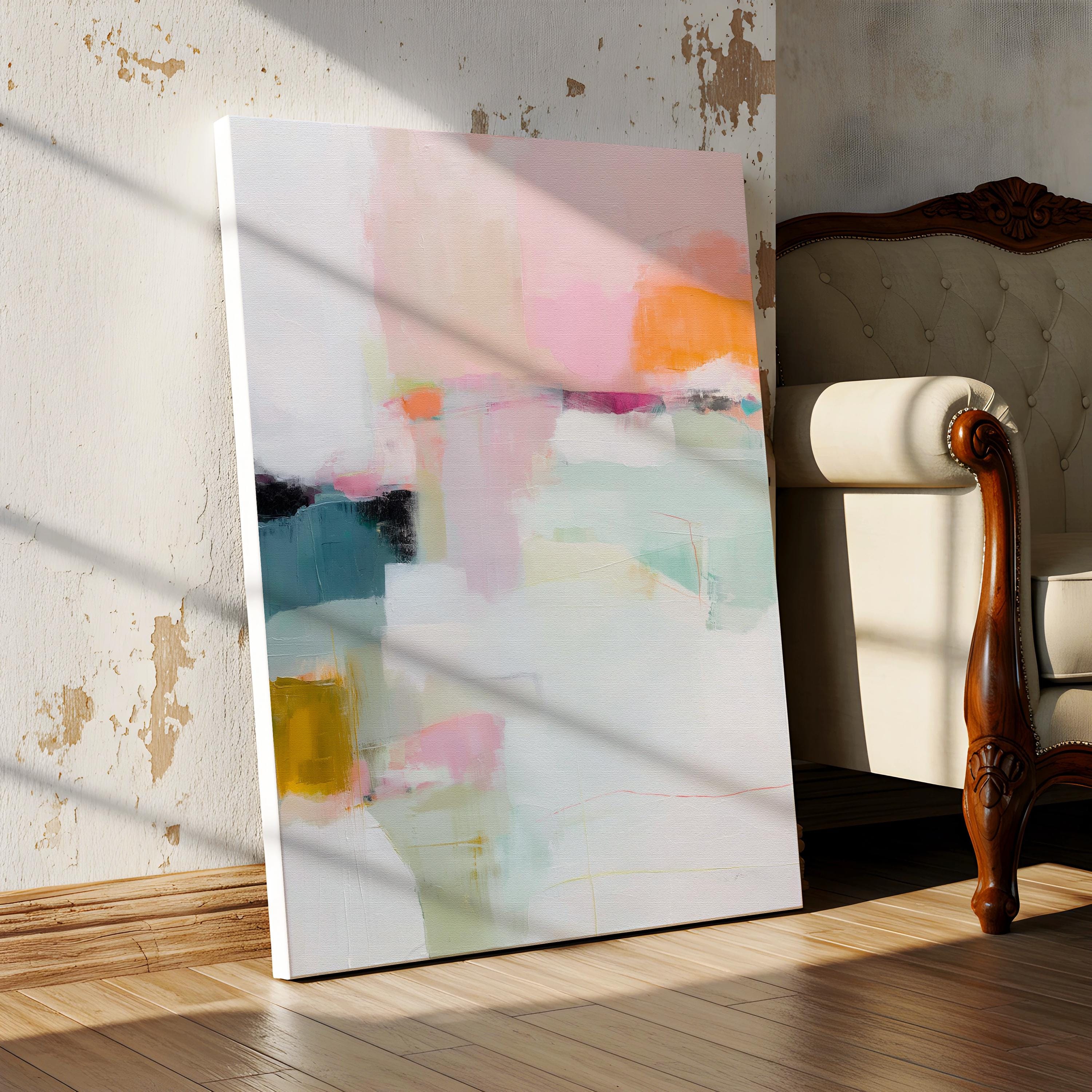 Large vertical abstract canvas wall art featuring blush pink, mint green, muted teal, ochre yellow, and soft coral layered over white, designed for bedroom or entryway placement, adding height and refined contemporary color to modern interiors.