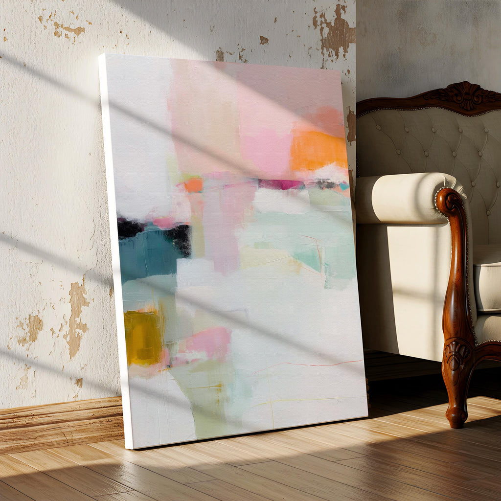Large vertical abstract canvas wall art featuring blush pink, mint green, muted teal, ochre yellow, and soft coral layered over white, designed for bedroom or entryway placement, adding height and refined contemporary color to modern interiors.