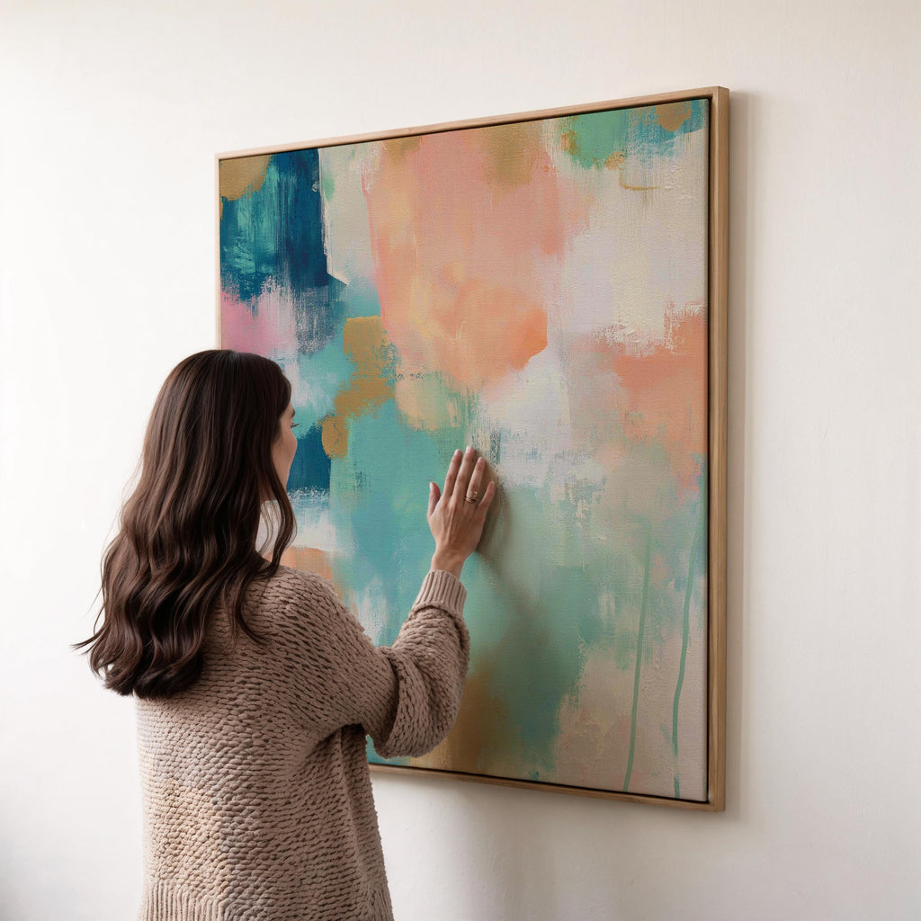 Large square abstract framed canvas wall art featuring coral, peach, teal, aqua blue, and warm sand tones layered over a soft cream background, styled above a neutral sofa, adding soft color contrast and airy painterly texture to a curated living space.
