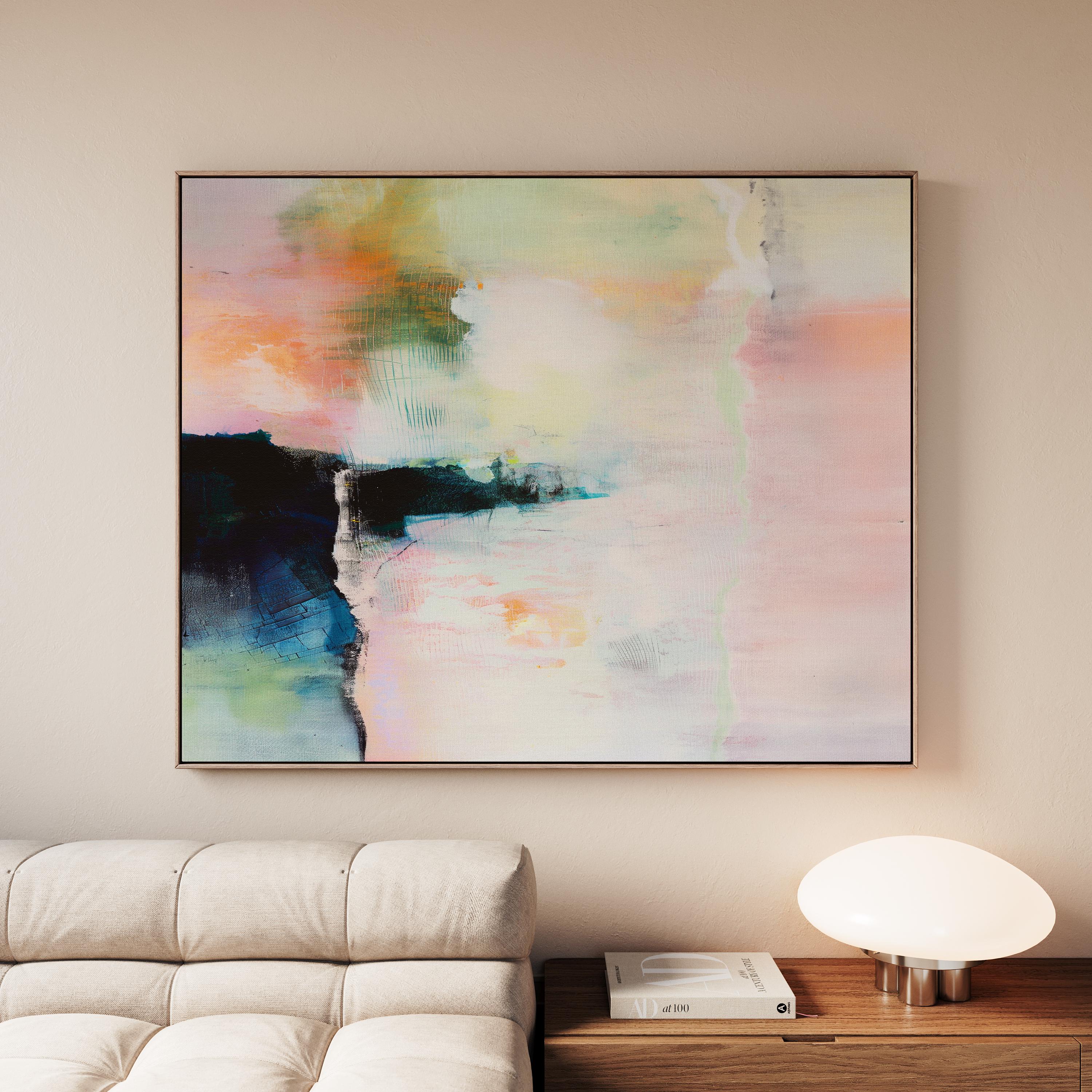 Summer Veil 308 by Muse Studio & Co., large horizontal peach, green and navy modern abstract wall art on premium cotton canvas with museum-grade giclée inks, framed in natural wood for Soft Atmospheric bedrooms and Organic Transitional interiors.