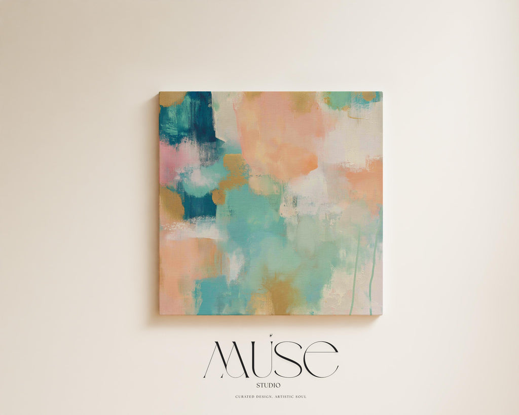 Large square abstract canvas wall art featuring coral, peach, teal, aqua blue, and sand tones with visible brush texture, designed for above couch placement, bringing soft warmth and layered color to a neutral living room or bedroom wall.