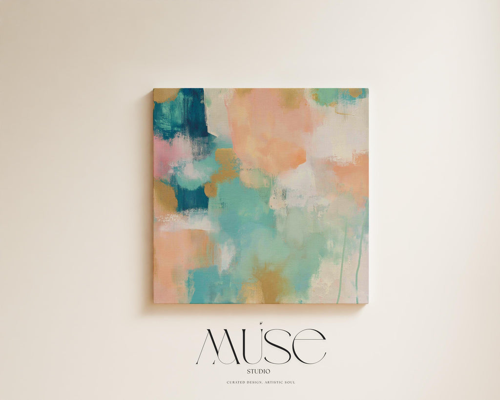 Large square abstract canvas wall art featuring coral, peach, teal, aqua blue, and sand tones with visible brush texture, designed for above couch placement, bringing soft warmth and layered color to a neutral living room or bedroom wall.